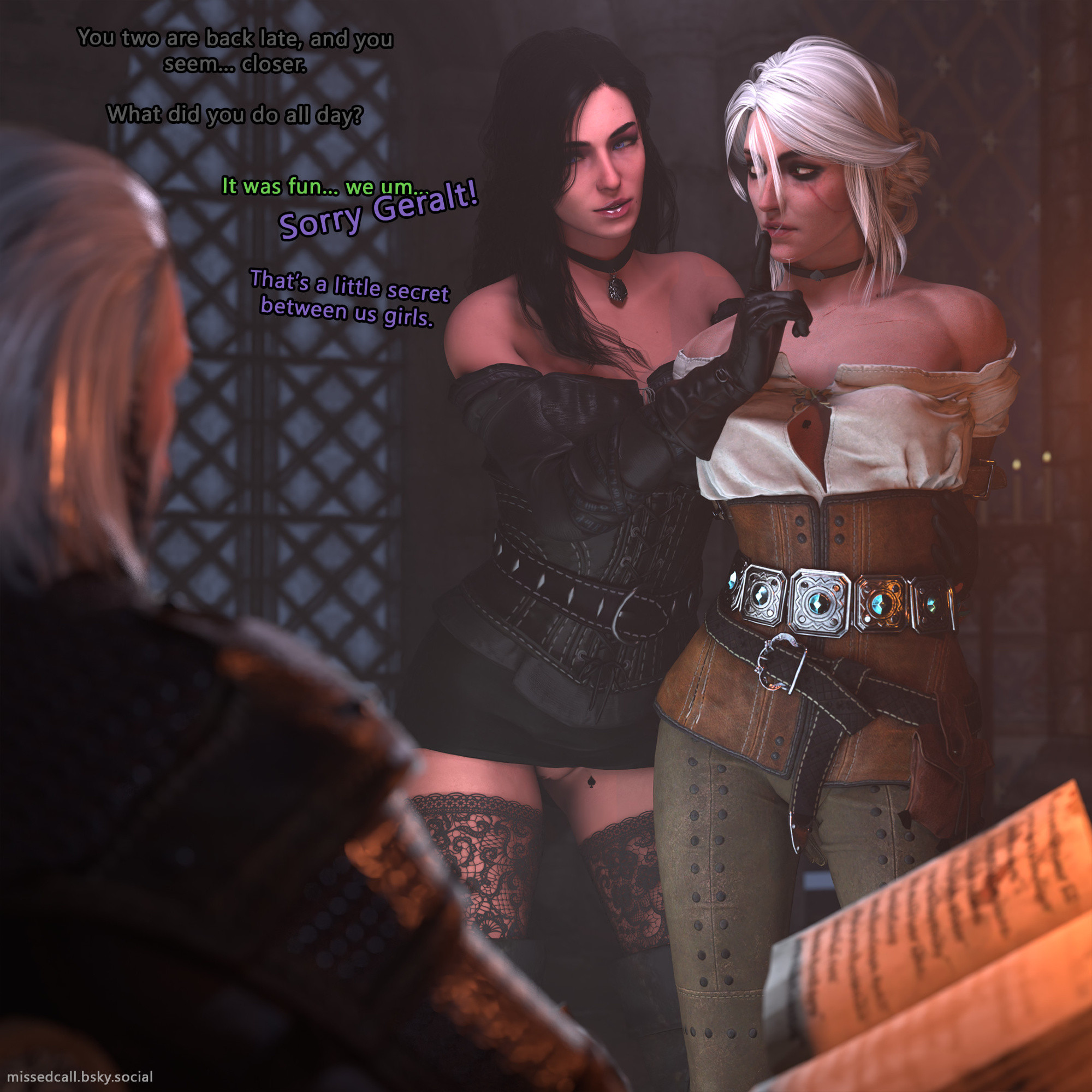 1boy, 2girls, 3d, after sex, beauty mark, black boots, black gloves, black hair, boots, cd projekt red, cheating, choker, ciri, cum on face, english, english text, eyeshadow, female, geralt of rivia, gloves, green eyes, group, leather gloves, leg tattoo, light skin, light-skinned female, light-skinned male, looking at partner, male, missed call, mole, mole under eye, mother and daughter, netorare, no panties, pussy, queen of spades, scar, scar on face, shushing, stockings, talking to partner, tattoo, the witcher (series), the witcher 3: wild hunt, thigh boots, trio, vagina, violet eyes, white hair, yennefer
