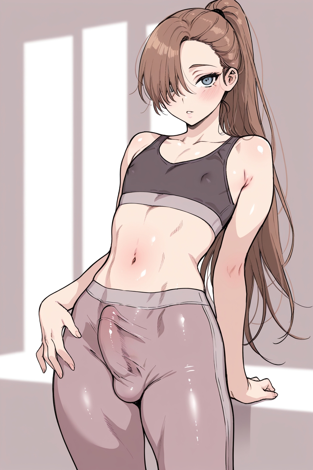 1boy, 1femboy, 2025, ai generated, alternate version available, aqua eyes, belly, blue eyes, blush, borrowed character, brown hair, civitai, crossdressing, erect nipples, erect penis, erection under clothes, erection under pants, femboy, feminine male, girly, hair over one eye, hourglass figure, indoors, kaoru (yasson yoshiyuki), long hair, looking at viewer, male, midriff, navel, nipples, nipples visible through clothing, nipples visible through sports bra, pants, pectorals, penis, ponytail, solo, someone else's oc, sports bra, sports uniform, sportswear, tight clothes, tight clothing, tight fit, tight pants, toshitoshiakiaki, trap, yoga pants