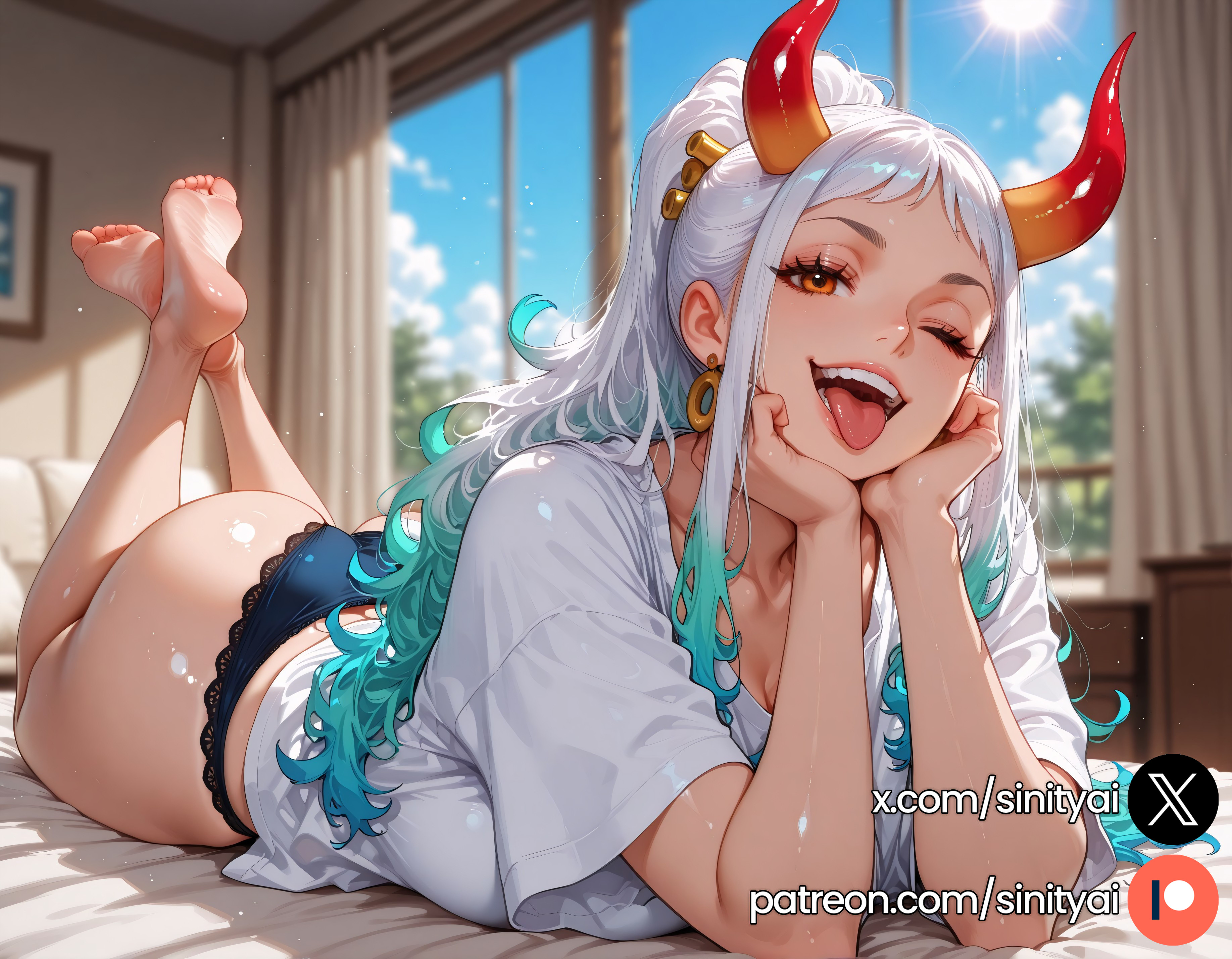 1girls, 2025, ai generated, aqua hair, ass, big ass, big breasts, blue hair, blurred background, blurry background, breasts, depth of field, earrings, female, female only, hair stick, hi res, high quality, high resolution, highres, horn, horns, huge ass, huge breasts, huge thighs, long hair, multicolored hair, one piece, orange hair, sinity, small waist, thick thighs, thin waist, white hair, yamato (one piece)