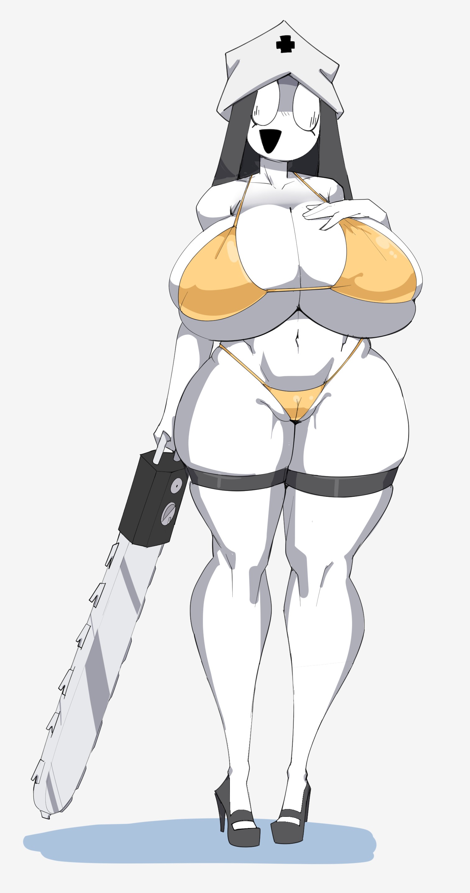 1girls, bikini, breasts, breasts bigger than head, chainsaw, female, female only, friday night fever, friday night funkin, friday night funkin mod, high heels, holding object, loftysundew, not furry, nun, pussy, solo female, tagme, taki (fevertown), vulva, white body, yellow bikini