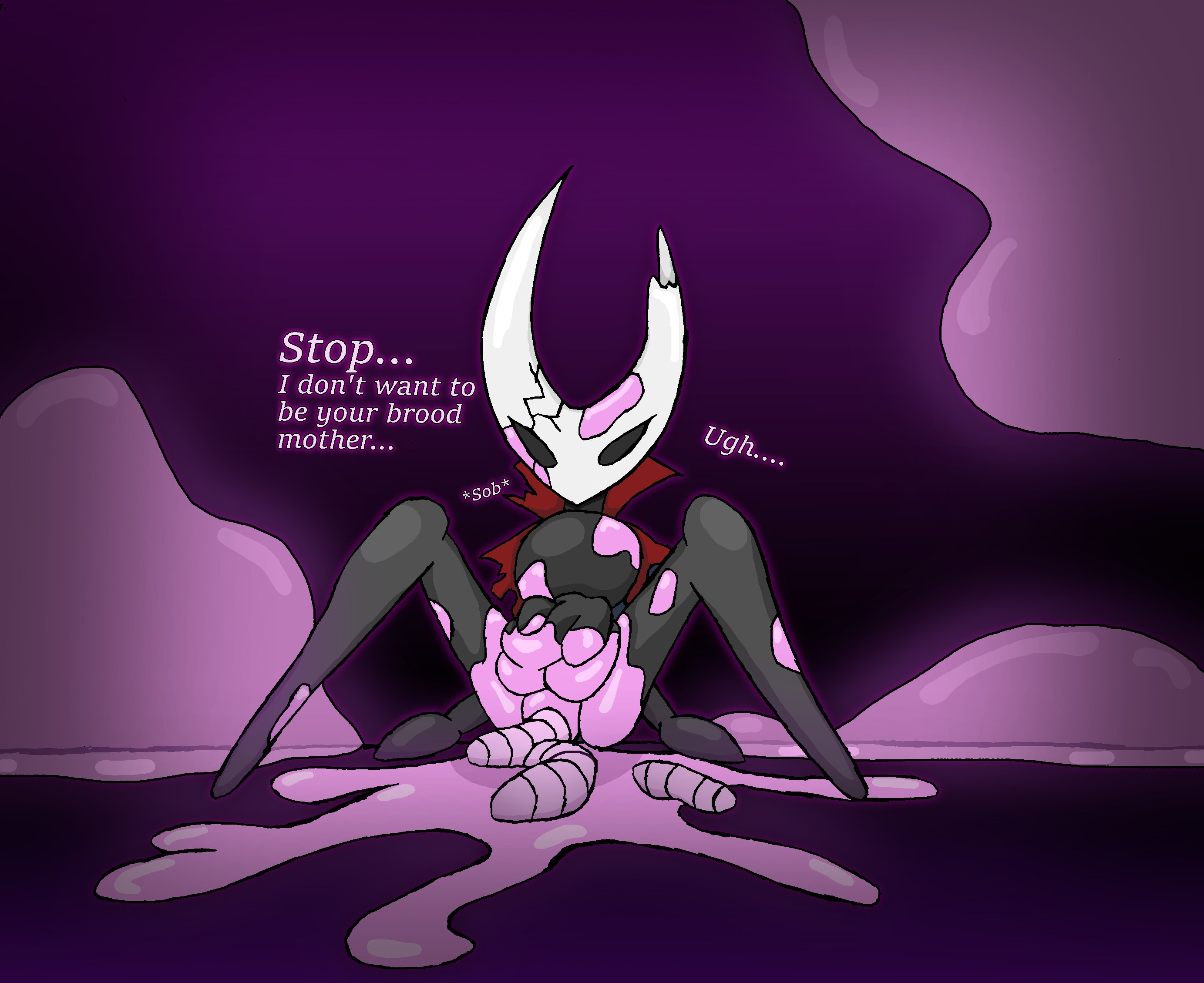 arthropod, bloated belly, body invasion, defeated, hollow knight, hollow knight (franchise), hornet (hollow knight), infestation, legs spread, parasite, pornwhal, spread legs, unbirthing, vaginal penetration