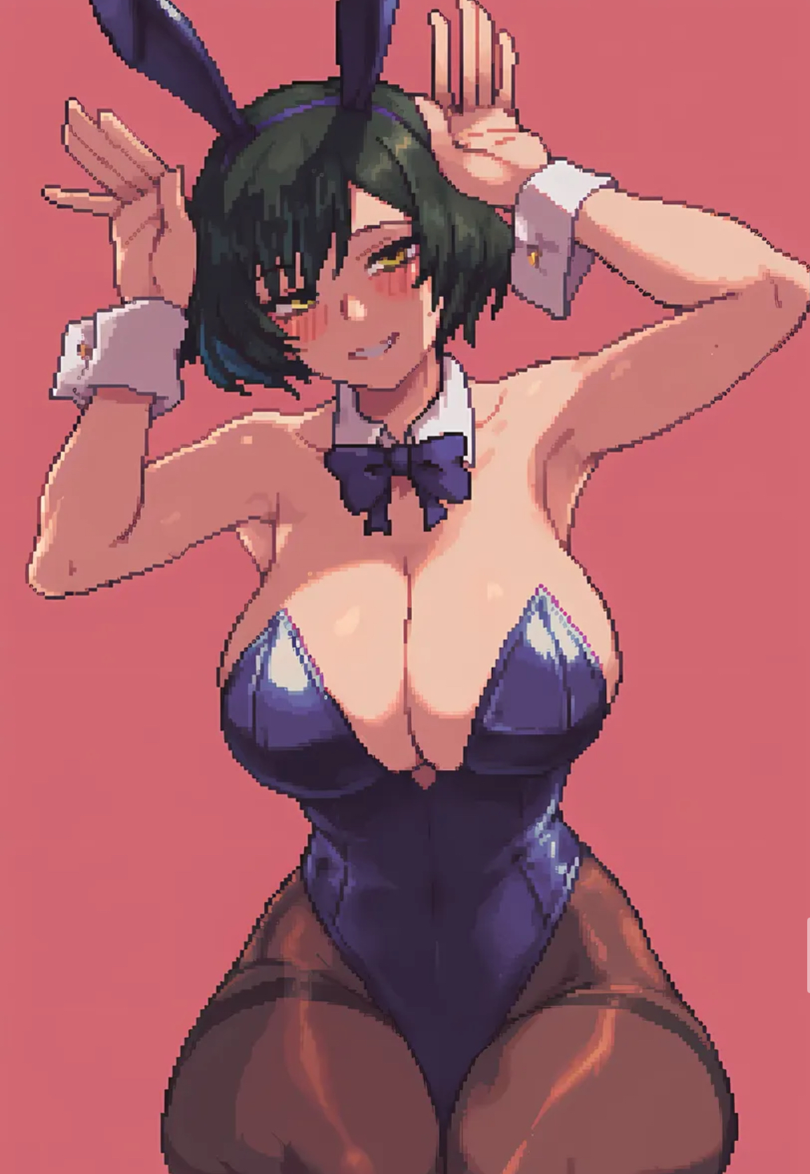 ai, ai art, ai generated, armpits, asian, asian female, big breasts, big thighs, blush, breasts, breasts bigger than head, breasts bigger than torso, bunny, bunny costume, bunny ears, bunny girl, cleavage, cleavage overflow, curvy, curvy body, curvy female, curvy figure, cute, cute face, cute female, female, female only, green hair, hips, hips wider than shoulders, ishin, japanese, japanese female, jujutsu kaisen, legs together, looking at viewer, pale skin, pale-skinned female, pantyhose, posing, posing for the viewer, sexy, sexy body, sexy female, sexy pose, slim waist, solo, solo female, staring at viewer, thick legs, thick thighs, thighs, tiny waist, wide hips, wide thighs, yellow eyes, zenin mai