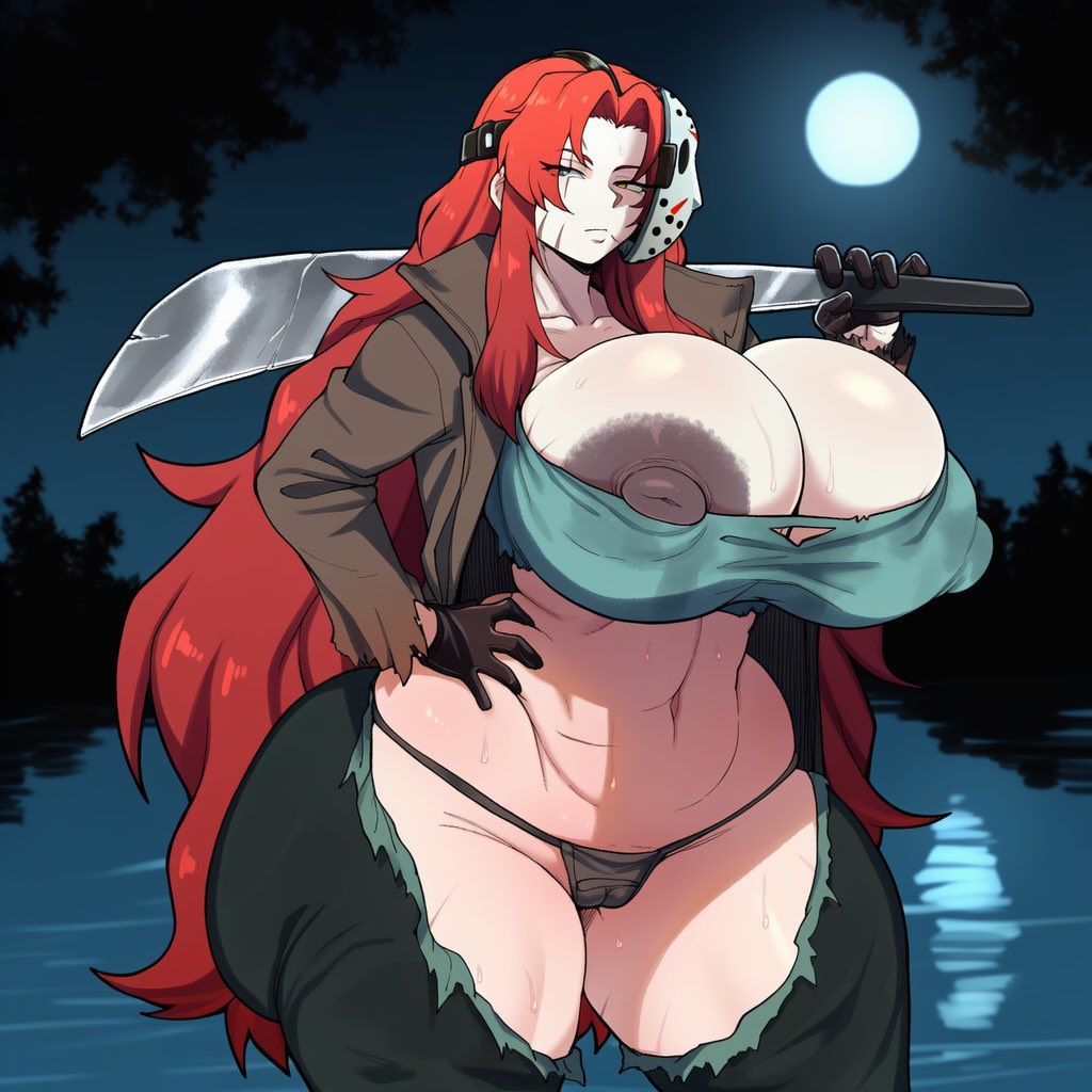 1girls, ai generated, ass, breasts, brown nipples, cinderhee, female, female only, gebura (lobotomy corporation), halloween, halloween costume, huge ass, huge breasts, jason voorhees, jason voorhees (cosplay), lake, lobotomy corporation, machete, moon, moonlight, nipple bulge, nipples exposed, outdoors, project moon, red hair, ripped clothing, ripped pants, solo, solo female, tagme, thong