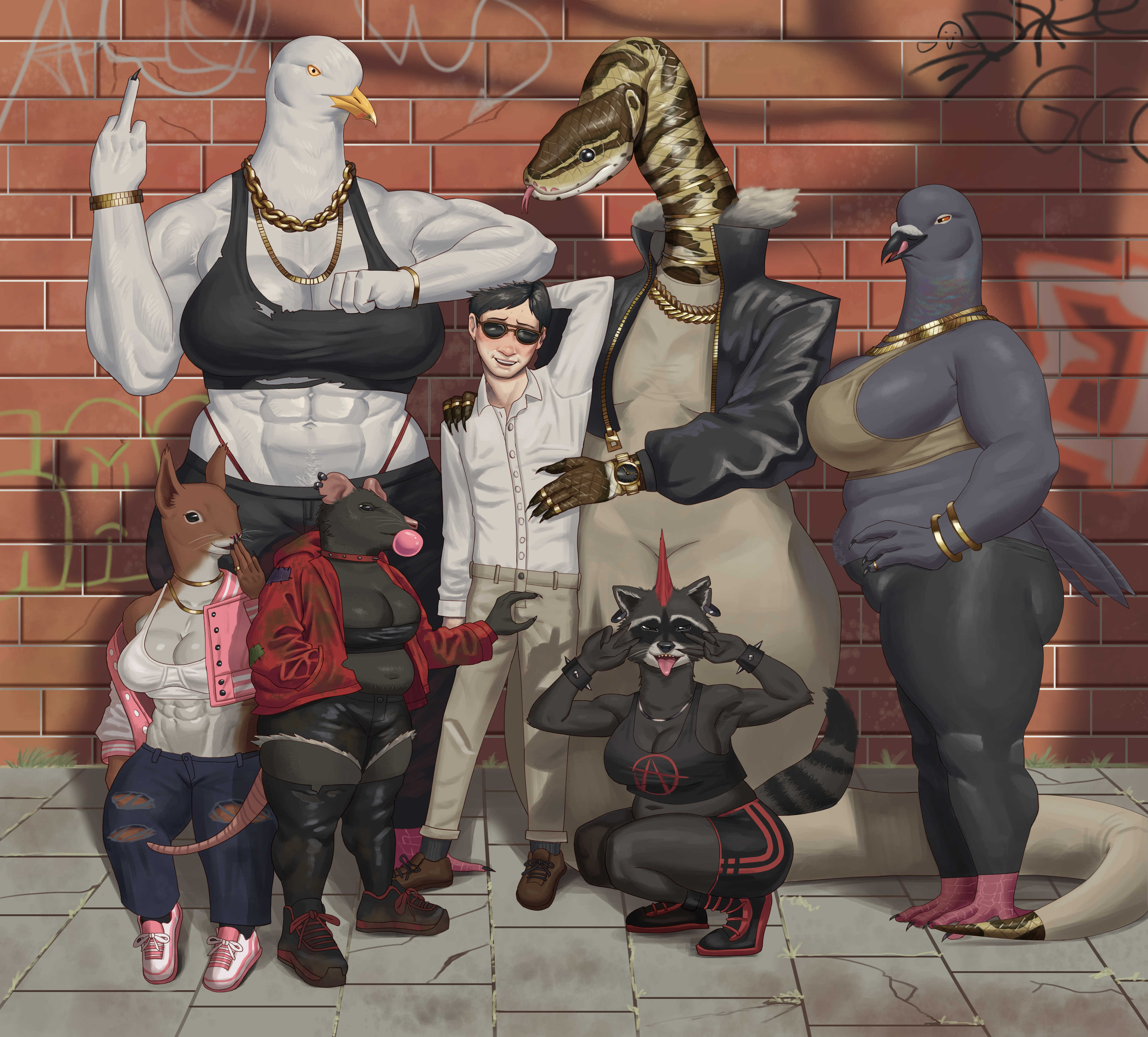 1boy, 6+girls, 6girls, anthro, bbw, big breasts, bird, breasts, chubby, chubby female, city, clothing, earrings, female, fully clothed, furry, furry female, goes hard, gold jewelry, goldcrustedchicken, group, harem, height difference, huge breasts, human, interspecies, jewelry, male, monster girl, muscular, muscular female, necklace, original, pigeon, plump, python, raccoon, rat, scalie, seagull, size difference, sketch, snake, squirrel, tail, thicc, thick, thick thighs, urban