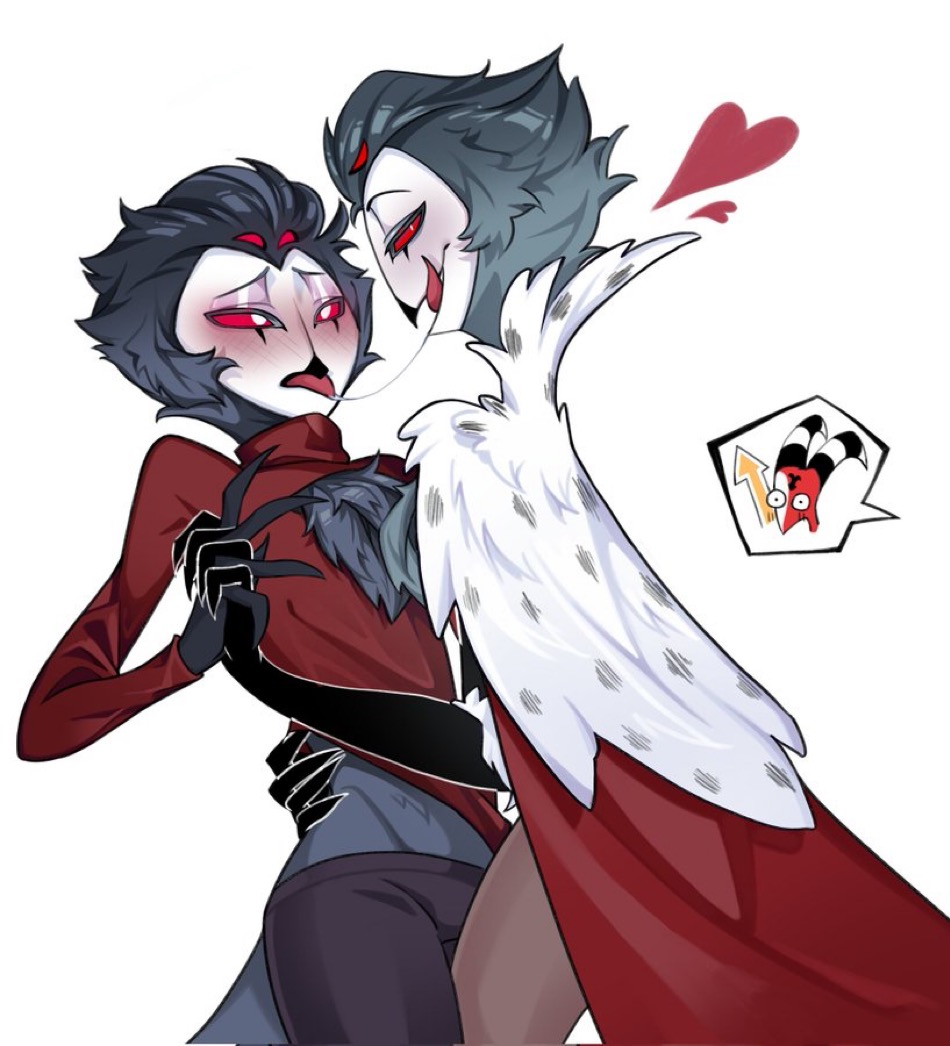 black fingers, blitzo (helluva boss), blush, cape, chest tuft, cloaca, drooling, feathers, helluva boss, hips, imp, kissing, male, mattzievox, owl, owl demon, pilot stolas (helluva boss), pupilless eyes, pupils, romper, selfcest, shocked expression, stolas (helluva boss), thighs, tongue, tongue out, underweight, upvote, yaoi
