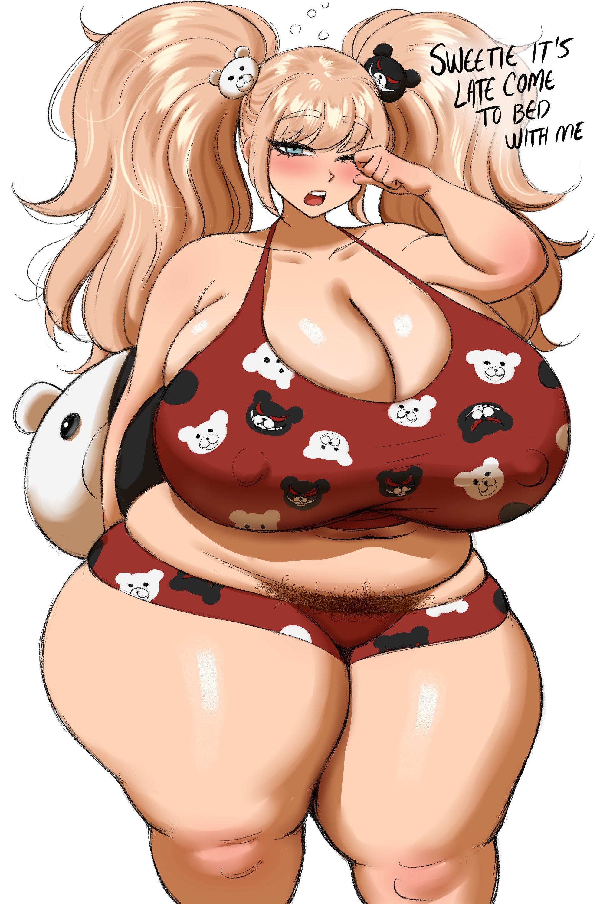 1girls, bbw, big breasts, blonde female, blonde hair, breasts, breasts bigger than head, bushy pubes, cleavage, danganronpa, danganronpa: trigger happy havoc, dialogue, english, english text, female, female only, gigantic breasts, hair ornament, hairy pussy, huge breasts, human, jiuukek, junko enoshima, light skin, light-skinned female, nipple bulge, plushie, pubes, pubic hair, sleepwear, sleepy, solo, solo female, spike chunsoft, standing, strawberry blonde hair, stuffed animal, stuffed toy, text, thick thighs, tired, twintails, underwear, voluptuous, voluptuous female