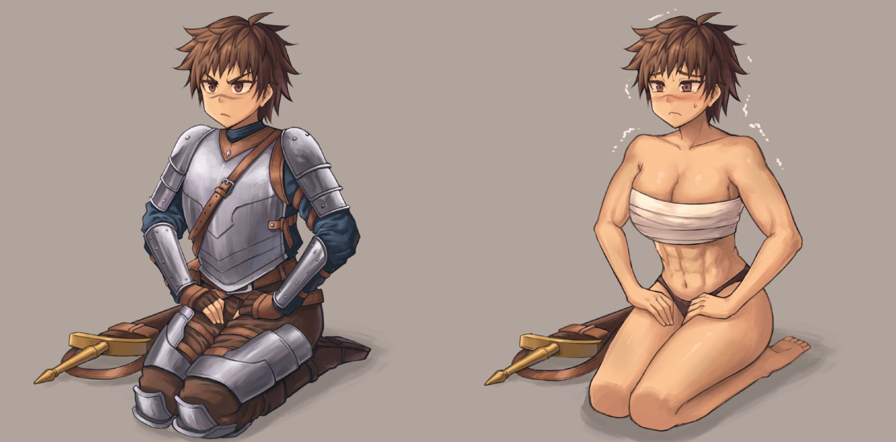 1girls, armor, armored female, black panties, brown hair, chest binder, crossdressing, crossdressing (ftm), female, kneeling, peach (momozen), peach88, seiza, short hair, solo, sword