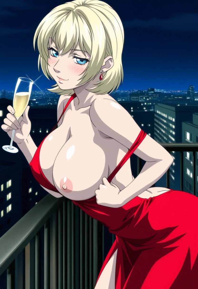 1girls, ai generated, alternate costume, apartment, balcony, bare breasts, bare chest, bare legs, bare shoulders, bible black, bible black new testament, big breasts, black hair, blonde hair, blue eyes, breasts, champagne, champagne glass, city background, clothing, drink, earrings, exposed breasts, fancy, fancy clothing, fancy dress, female, female focus, female only, femme fatale, flashing, flashing breasts, flirting, formal clothes, glass, hand on face, high resolution, indoors, jewelry, jody crowley, lipstick, looking at viewer, looking back, naughty, naughty face, naughty girl, naughty smile, night, nipple slip, no bra, no panties, official alternate costume, one breast out, party dress, peaking, presenting, presenting breasts, pulled by self, railing, red dress, revealing clothes, seducing, seducing viewer, seduction, seductive, seductive body, seductive eyes, seductive gaze, seductive look, seductive mouth, seductive pose, seductive smile, shameless, shin bible black, short hair, skimpy, skimpy clothes, teasing, teenage female, teenager, uncensored, watching, white skin