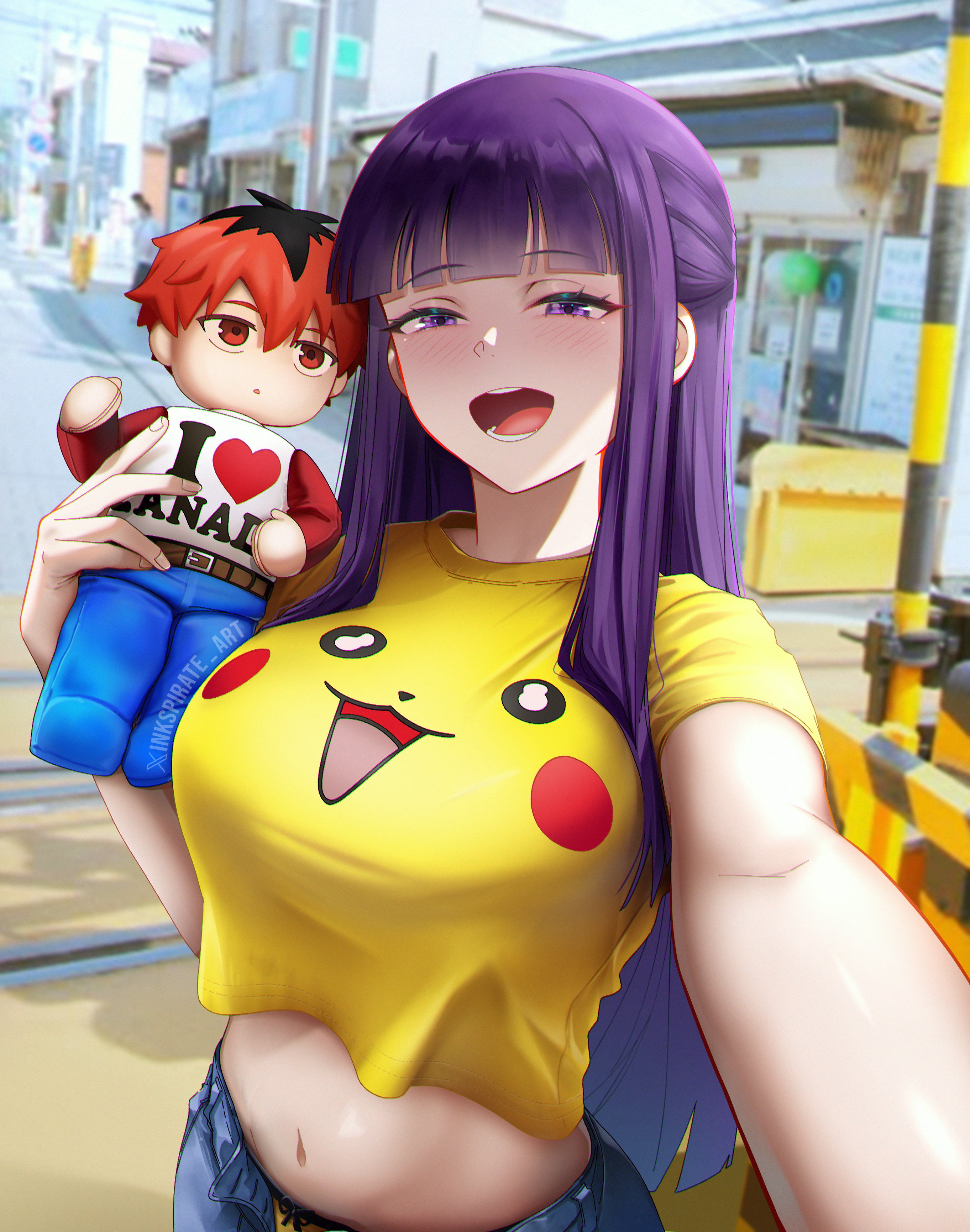 :d, 2d, absurdres, blunt bangs, breasts, character doll, character print, contemporary, cropped shirt, crossover, denim, doll, female, fern (sousou no frieren), highres, i love, inkspirate, jeans, large breasts, long hair, looking at viewer, meme, midriff, navel, open mouth, outdoors, pants, pikachu, pikachu shirt, pokemon, print shirt, purple eyes, purple hair, selfie, shirt, short sleeves, smile, solo, sousou no frieren, stark (sousou no frieren), yellow shirt