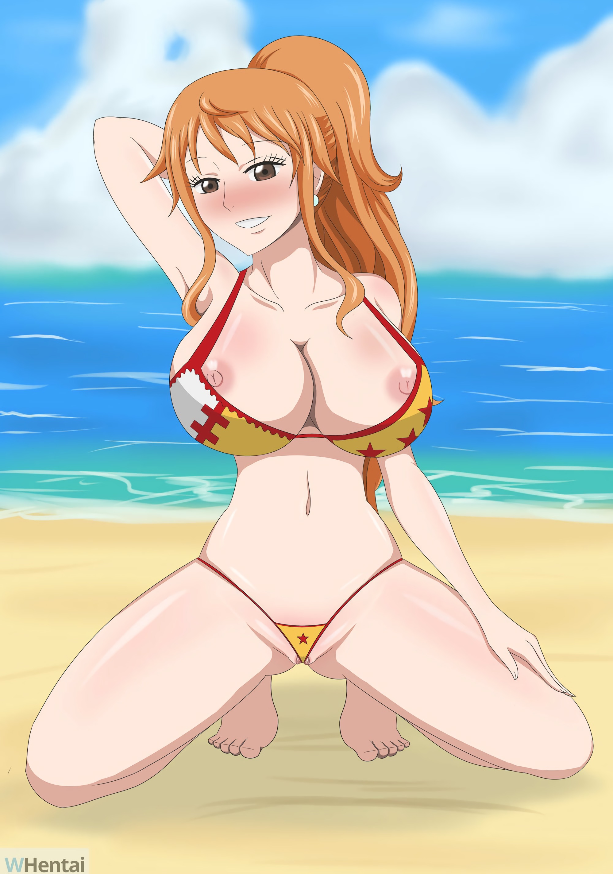 1girls, 2d, beach, breasts, female, female only, ggc, large breasts, long hair, looking at viewer, nami (one piece), one piece, orange hair, orange-haired female, outdoors, solo, solo female, tagme, whentai