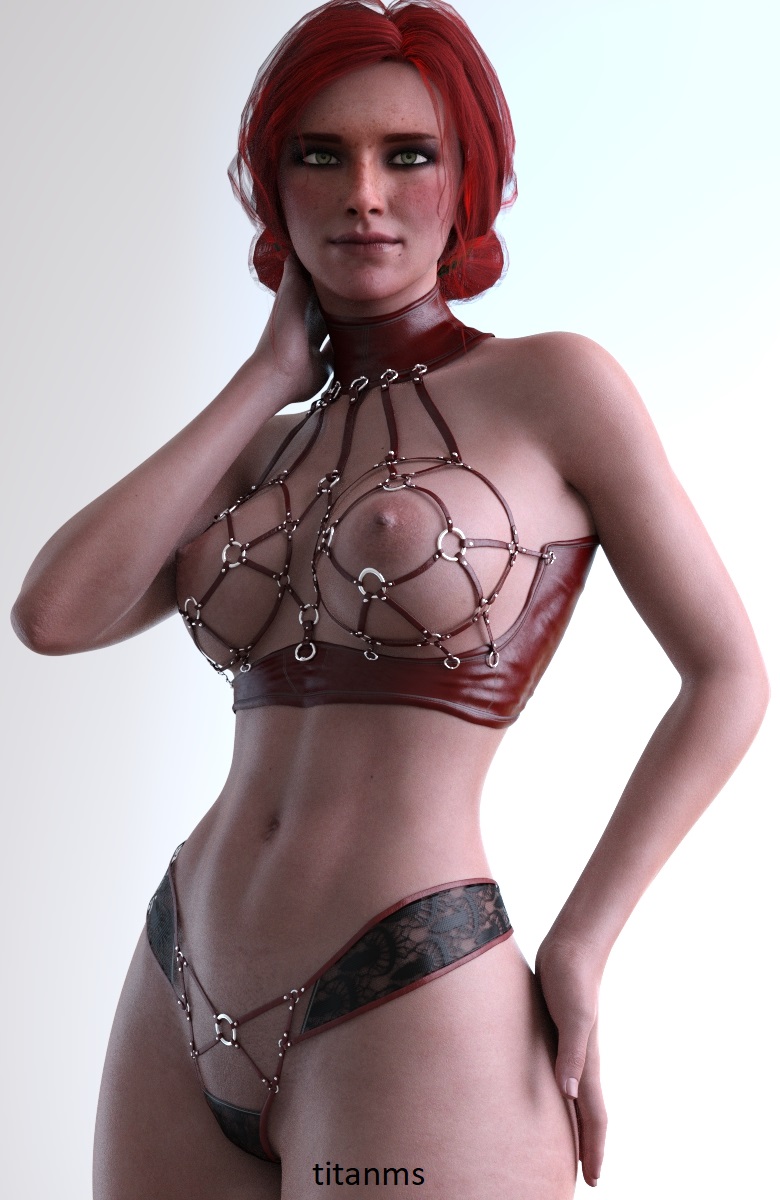 3d, breasts, cd projekt red, female, female only, freckles, light-skinned female, lingerie, looking at viewer, mascara, nipples, red hair, solo, solo female, the witcher (series), the witcher 3: wild hunt, titanms, triss merigold