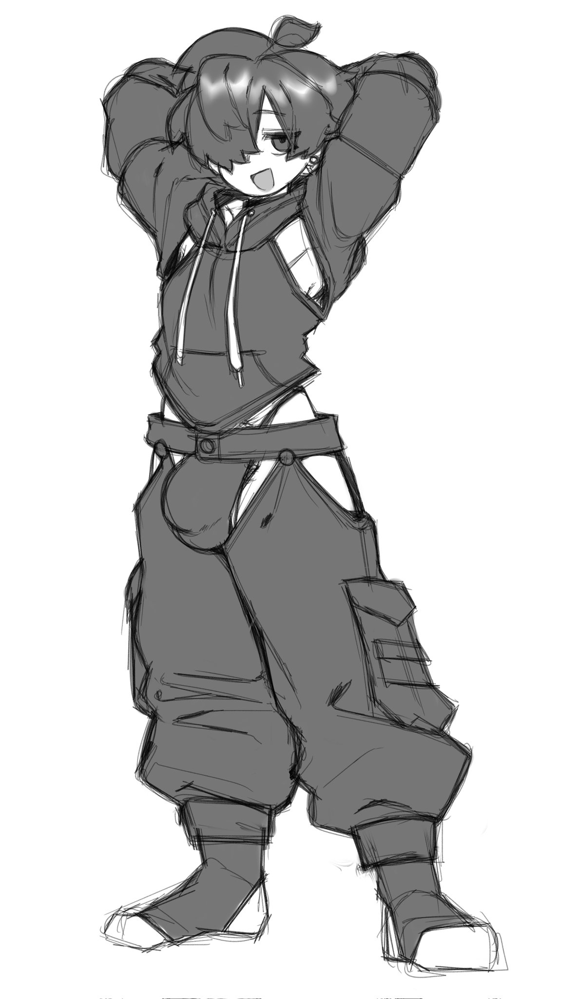 1boy, 1femboy, 2024, arms up, black and white, black hair, bulge, bulge through clothing, clothing, cutout, femboy, huge cock, hung trap, magnus (mctamagomaki), male, male only, mctamagomaki, open smile, penis, piercing, posing, sketch, smile, solo male
