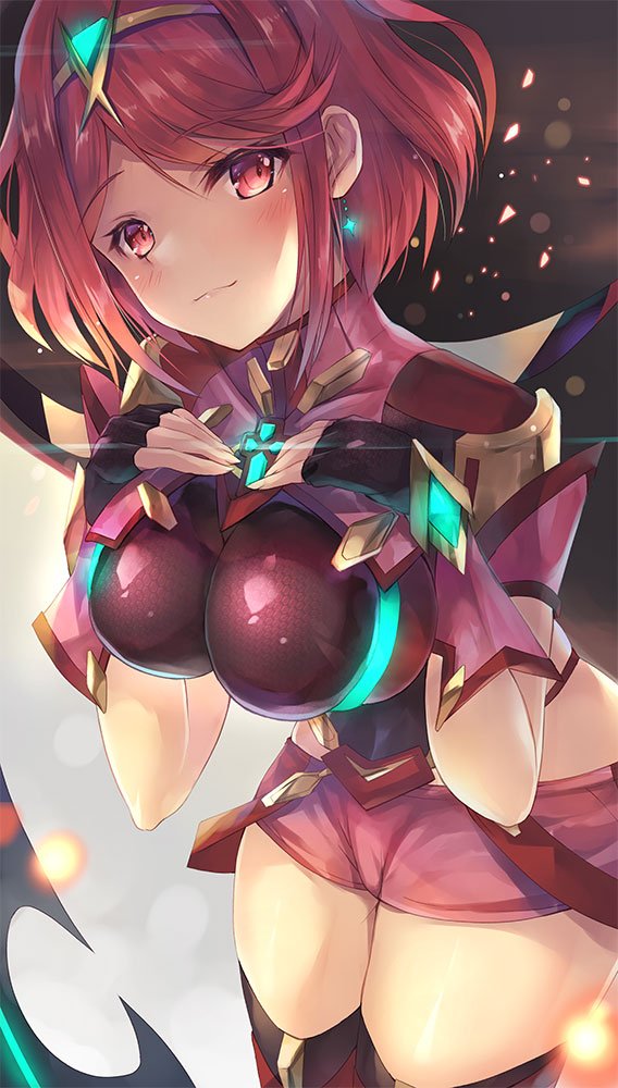 1girls bangs blush breasts covered_navel earrings female fingerless_gloves gloves headpiece hinot hip_focus inoue_takuya_(pixiv_99697) jewelry large_breasts looking_at_viewer nintendo pyra_(xenoblade) red_eyes red_hair red_shorts short_hair shorts shoulder_armor solo swept_bangs tiara xenoblade_(series) xenoblade_chronicles_2