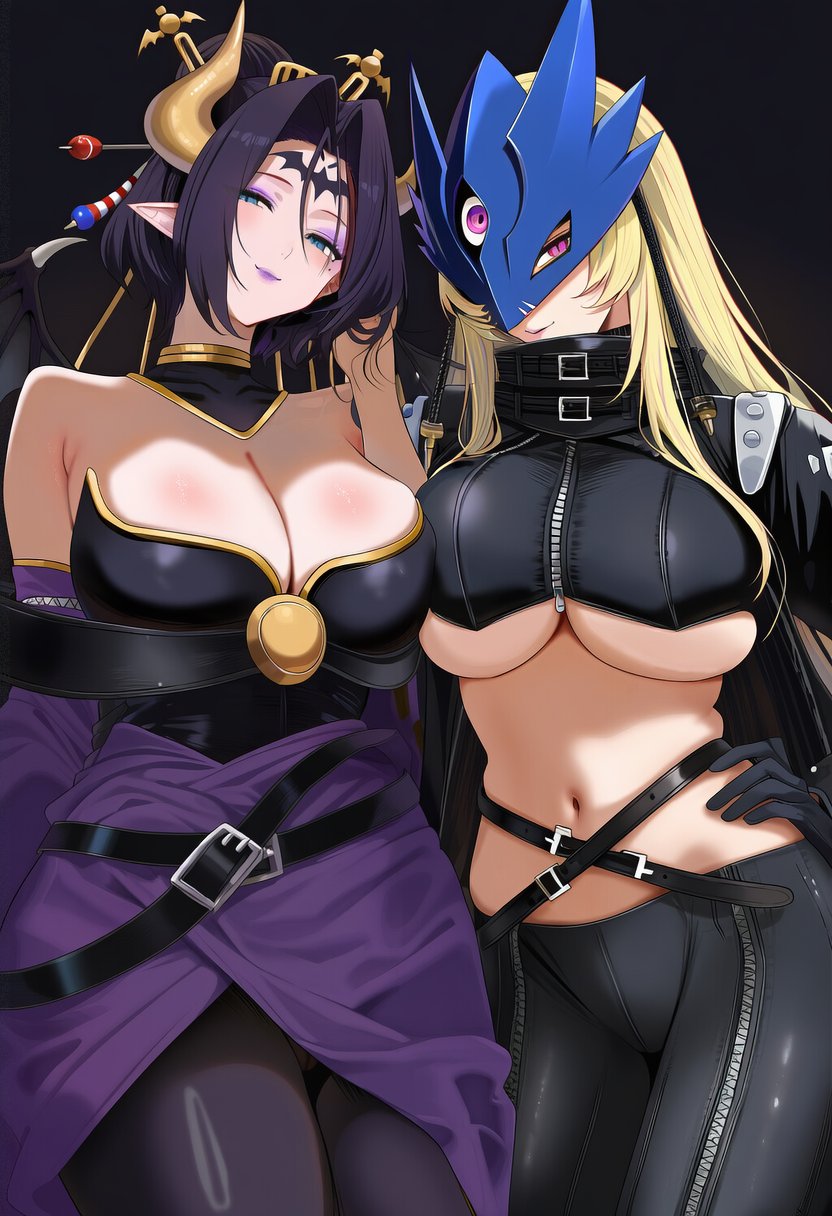 2d, 2d (artwork), 2girls, ai generated, bare shoulders, beelstarmon, big breasts, black hair, black leotard, black wings, blonde hair, blue eyes, breasts, chest, cigarette holder, cleavage, clothed, demon, demon girl, demon horns, digimon, digimon (species), digimon xros wars, eyeshadow, female, female only, hairpin, horns, iulow, japanese clothes, large breasts, latex, latex panties, leotard, light skin, light-skinned female, lilithmon, lipstick, long hair, looking at another, looking at viewer, makeup, mask, multiple females, multiple girls, navel, purple lipstick, smile, succubus, thighs, underboob, wings