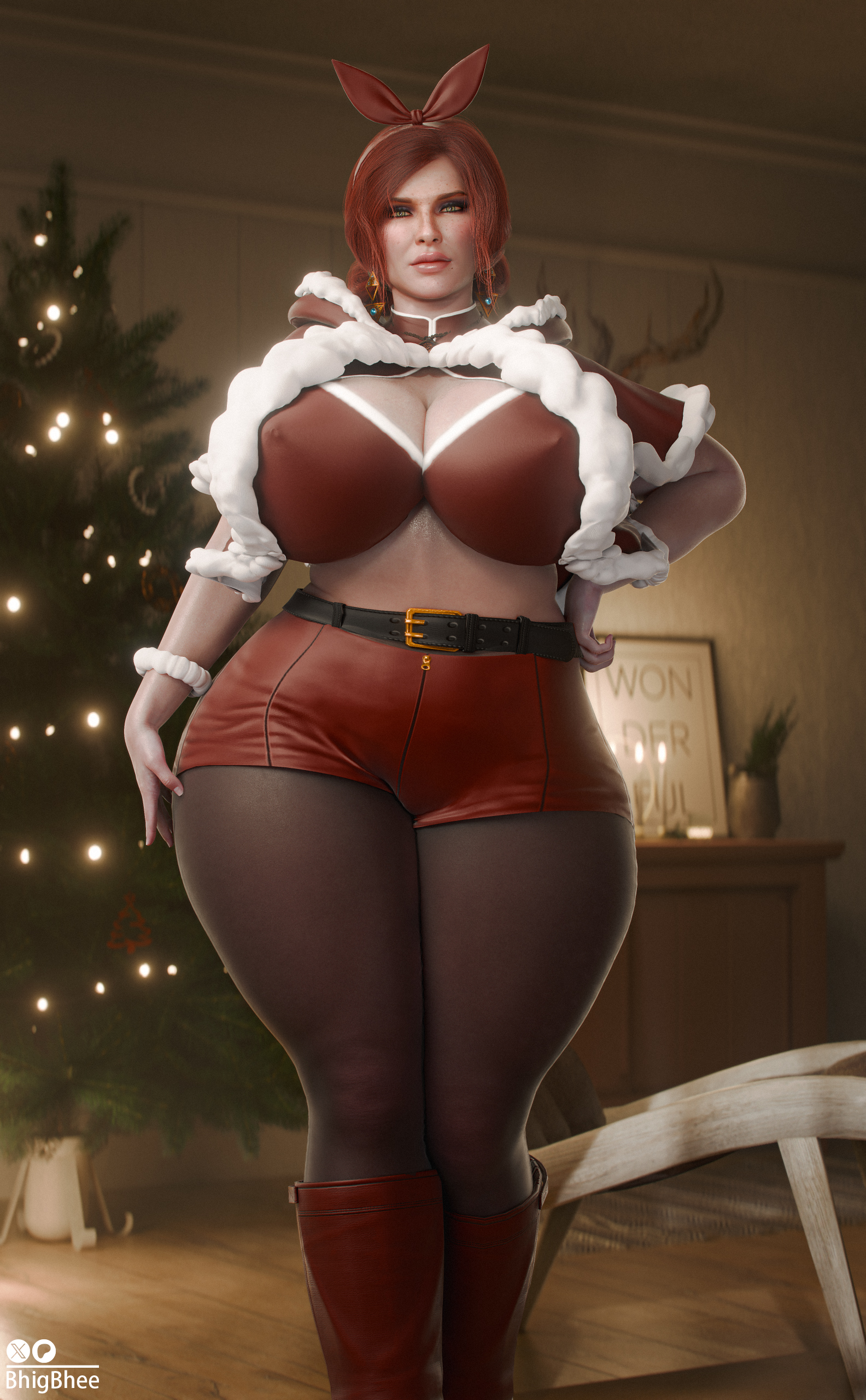 1girls, 3d, bhigbhee, big breasts, christmas, christmas clothing, christmas outfit, christmas tree, huge breasts, looking at viewer, the witcher (series), thick thighs, triss merigold