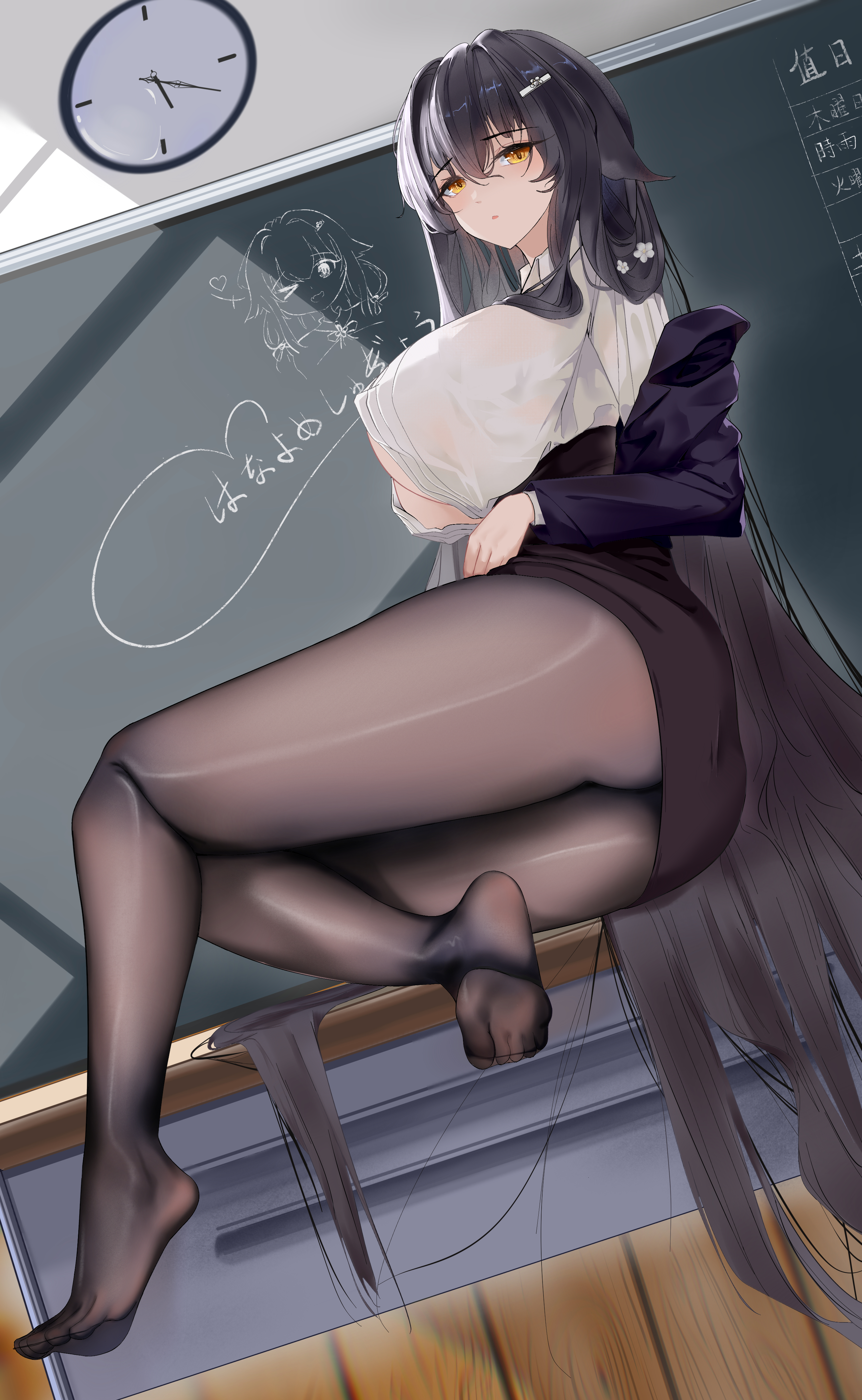 ass, azuma (azur lane), azuma (career counseling for the groom) (azur lane), azur lane, black hair, black jacket, black pantyhose, black skirt, breasts, cg, chalkboard, classroom, clock, collared shirt, desk, feet, female, full body, hair between eyes, hair ornament, huge breasts, indoors, jacket, large breasts, legs, long hair, long sleeves, looking at viewer, miniskirt, no shoes, official alternate costume, on desk, open clothes, open jacket, pantyhose, pencil skirt, shirt, sitting, sitting on desk, skirt, soles, solo, thighs, toes, very long hair, wall clock, white shirt, yellow eyes