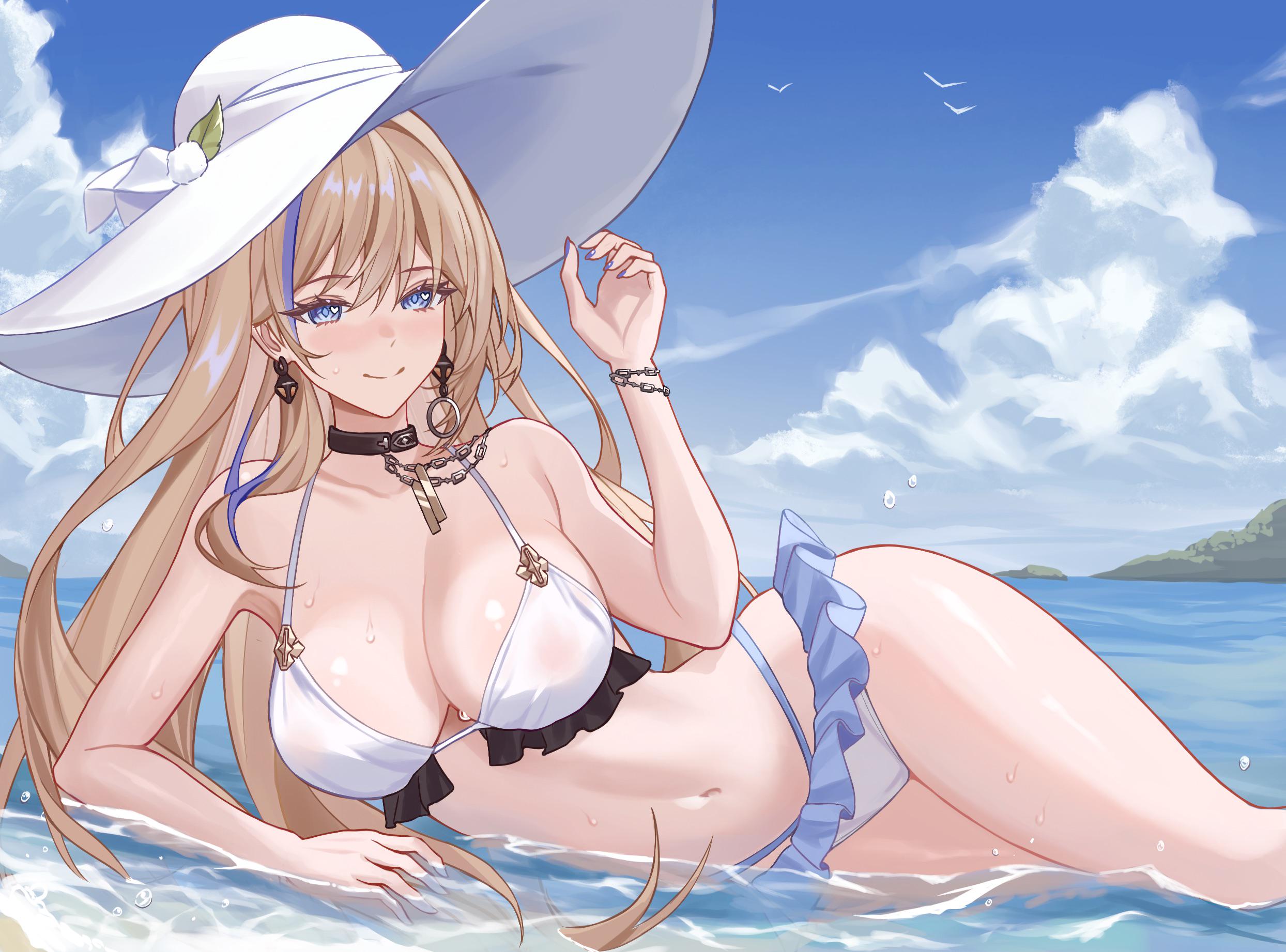 big breasts, black choker, blonde hair, blue eyes, blue hair, blue nails, blue sky, bracelet, breasts, chinoa, choker, cloud, commentary, commission, day, earrings, feet out of frame, female, hand up, hat, highres, honkai (series), honkai: star rail, jewelry, large breasts, long hair, looking at viewer, lying, miniskirt, multicolored hair, navel, on side, second-party source, serval landau, skeb commission, sky, smile, solo, stomach, streaked hair, swimsuit, thighs, water, white hat