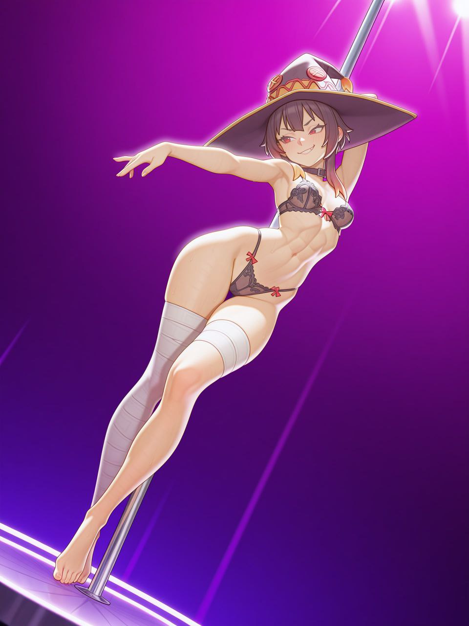 ai, ai generated, ass, bra and panties, breasts, exotic dancer, kono subarashii sekai ni shukufuku wo!, konosuba, megumin, nice tits, nightclub, pole, pole dancer, pole dancing, prinn, strip club, stripper, stripper pole, stripping, striptease