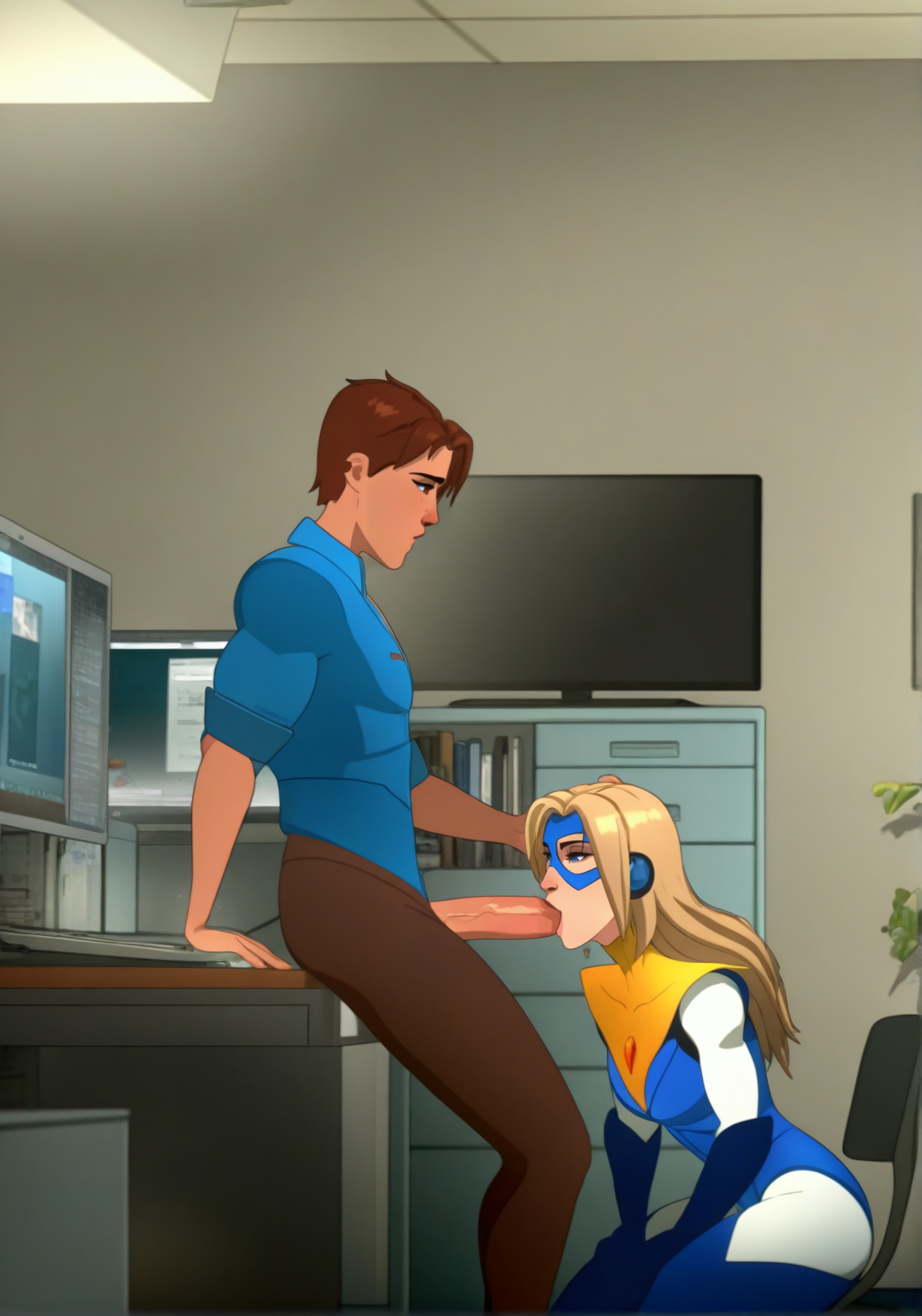 1boy, 1girl1boy, 1girls, ai assisted, ai generated, big penis, blonde blazer, blonde female, blonde hair, blowjob, blue eyes, blue thigh boots, brown hair, desk, dispatch (game), female, gloved hands, gloves, half mask, male, male/female, mask, masked female, office, oral, oral sex, pants, penis, penis out, protocat, robert robertson, short hair, straight, superhero, superhero costume, superheroine, thigh boots