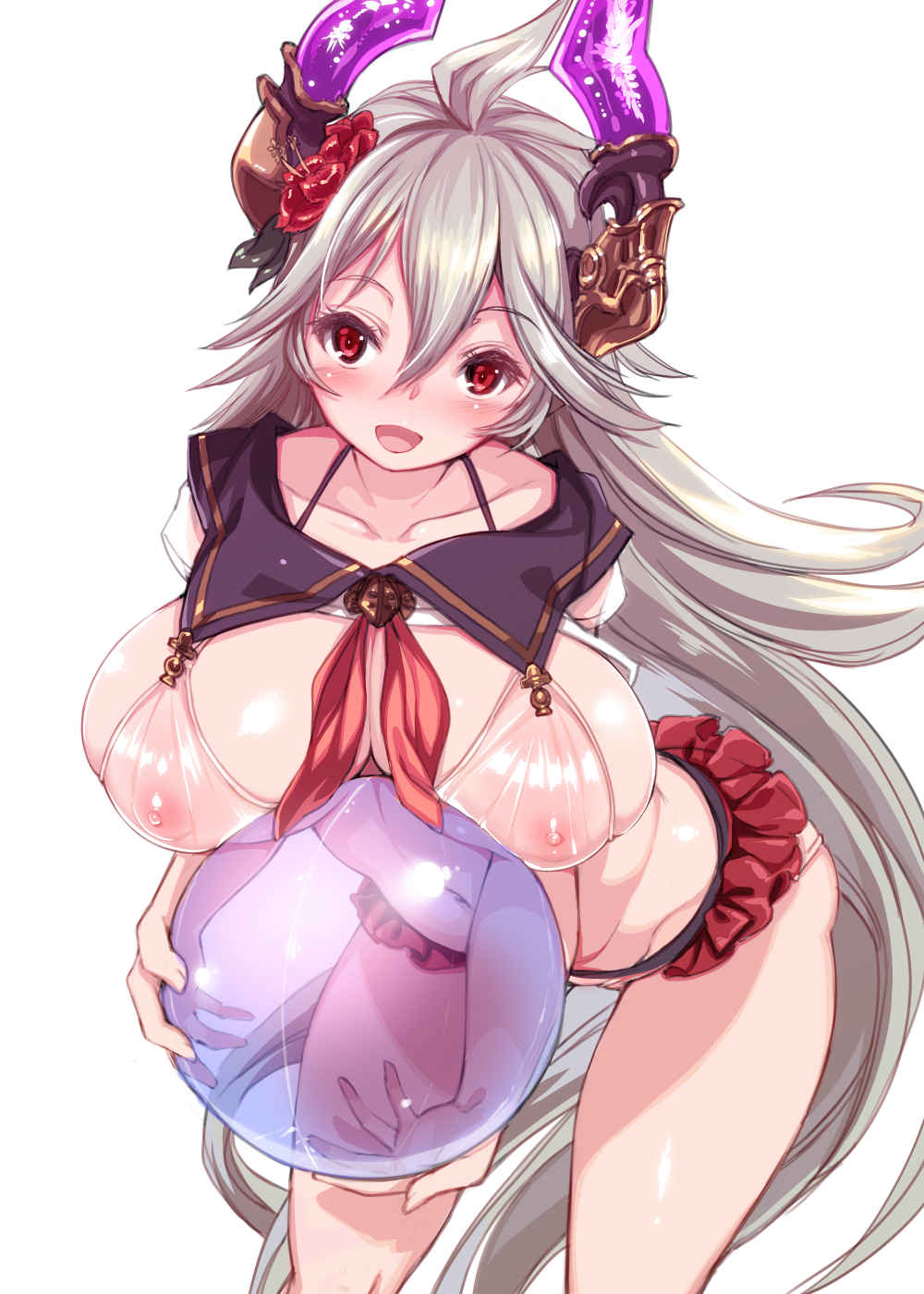 ball beachball bikini blush breasts doraf female granblue_fantasy grey_hair hair_between_eyes harigane_shinshi highres horns huge_breasts large_breasts leaning_forward long_hair looking_at_viewer nipples open_mouth red_eyes see-through simple_background solo swimsuit threo_(granblue_fantasy)