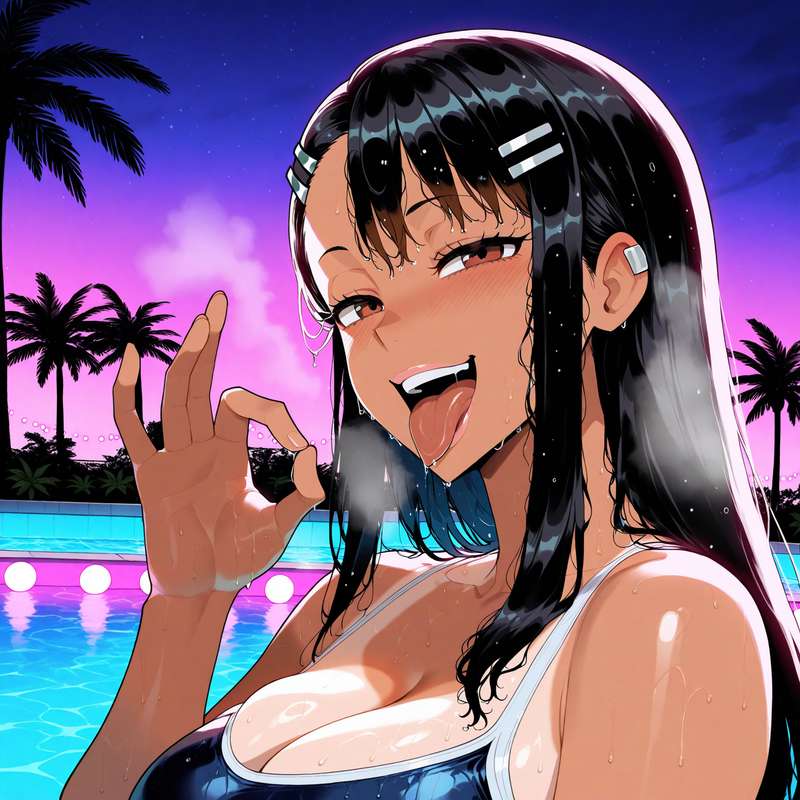 1girls, ai generated, black hair, blush, brown eyes, female, hair, hayase nagatoro, long hair, oral gesture, oral invitation, please don't bully me, nagatoro, pool, solo, solo female, swimsuit, tan body, tan skin, tanned, tanned female, tanned skin, vaporeeoniteai