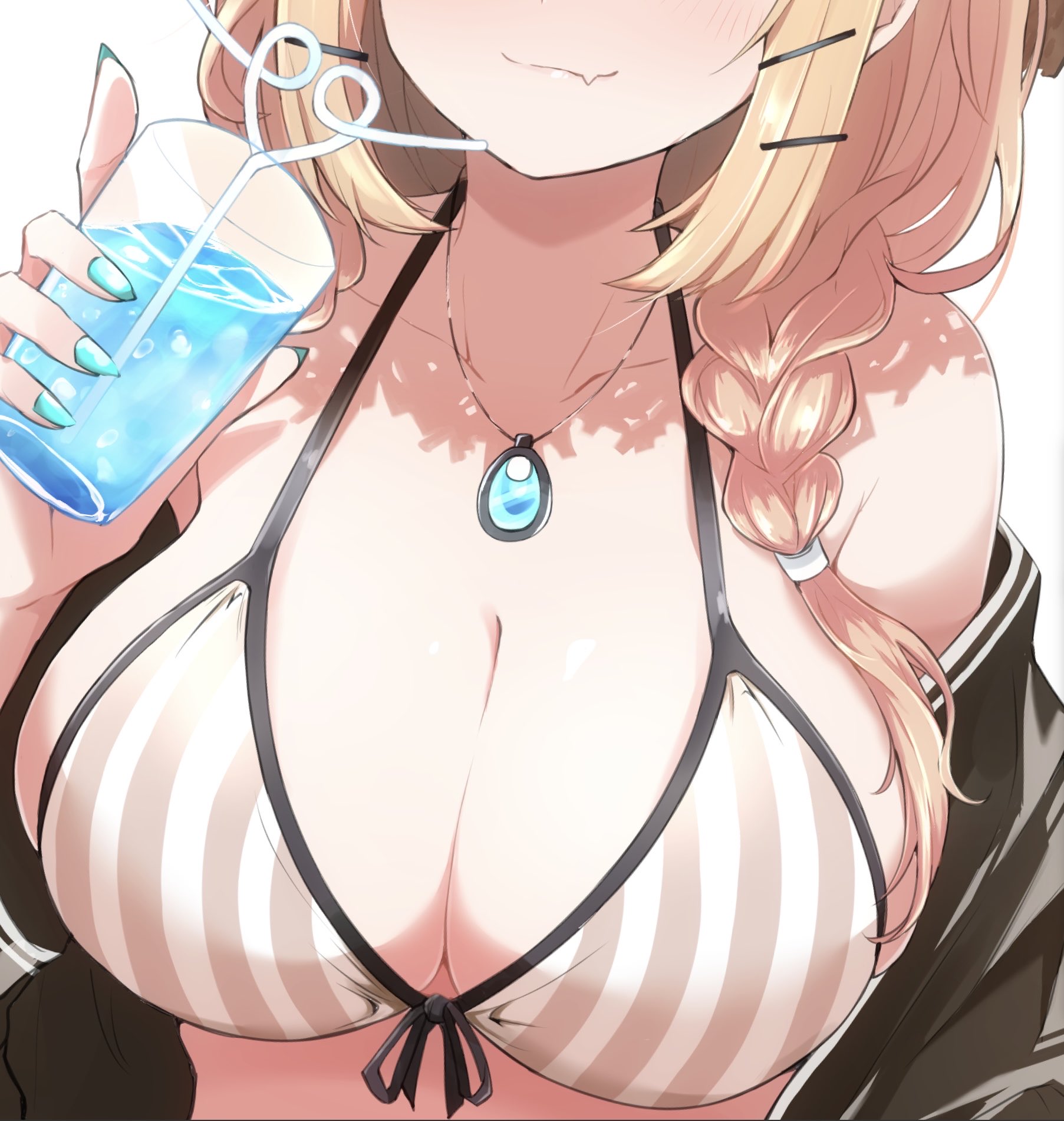 arknights, bikini, black jacket, blonde hair, blue gemstone, blue nails, blush, braid, breast focus, breasts, cleavage, close-up, closed mouth, commentary, crazy straw, cup, cute fang, drink, drinking straw, eyes out of frame, facing viewer, female, front-tie bikini top, front-tie top, gem, hair ornament, hairclip, head out of frame, heart straw, heka=ton, highres, holding, holding cup, jacket, jewelry, large breasts, low twin braids, medium hair, nail polish, necklace, off shoulder, official alternate costume, open clothes, open jacket, pendant, redrawn, simple background, skin fang, smile, solo, striped bikini, striped clothes, swimsuit, twin braids, upper body, utage (arknights), utage (summer flowers) (arknights), vertical-striped bikini, vertical-striped clothes, white background