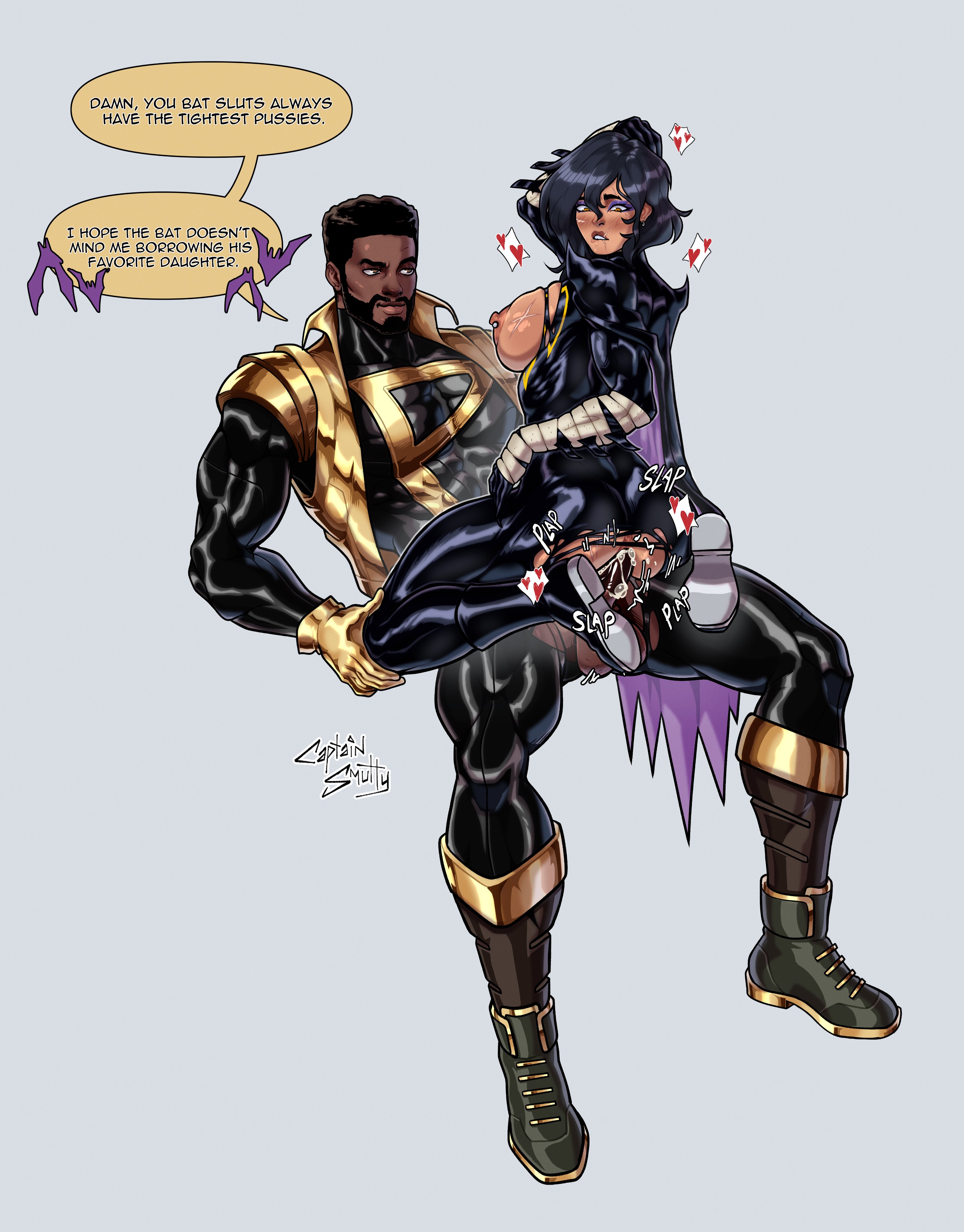 ass, batman (series), big ass, boobs out, breasts, breasts out, cape, captainsmutty, cassandra cain, clothed, clothed sex, clothes, clothing, cock, cum, cum in pussy, cum inside, cumming, dc, dc comics, dick, dominant male, fat ass, fat butt, female, larger male, lipstick, male, penis, penis in pussy, pussy, shorter female, smaller male, submissive female, superhero, superheroine, taller male, thick ass, thick butt, thick thighs, thighs, tits out, torn clothes, torn clothing, vaginal penetration, vaginal sex