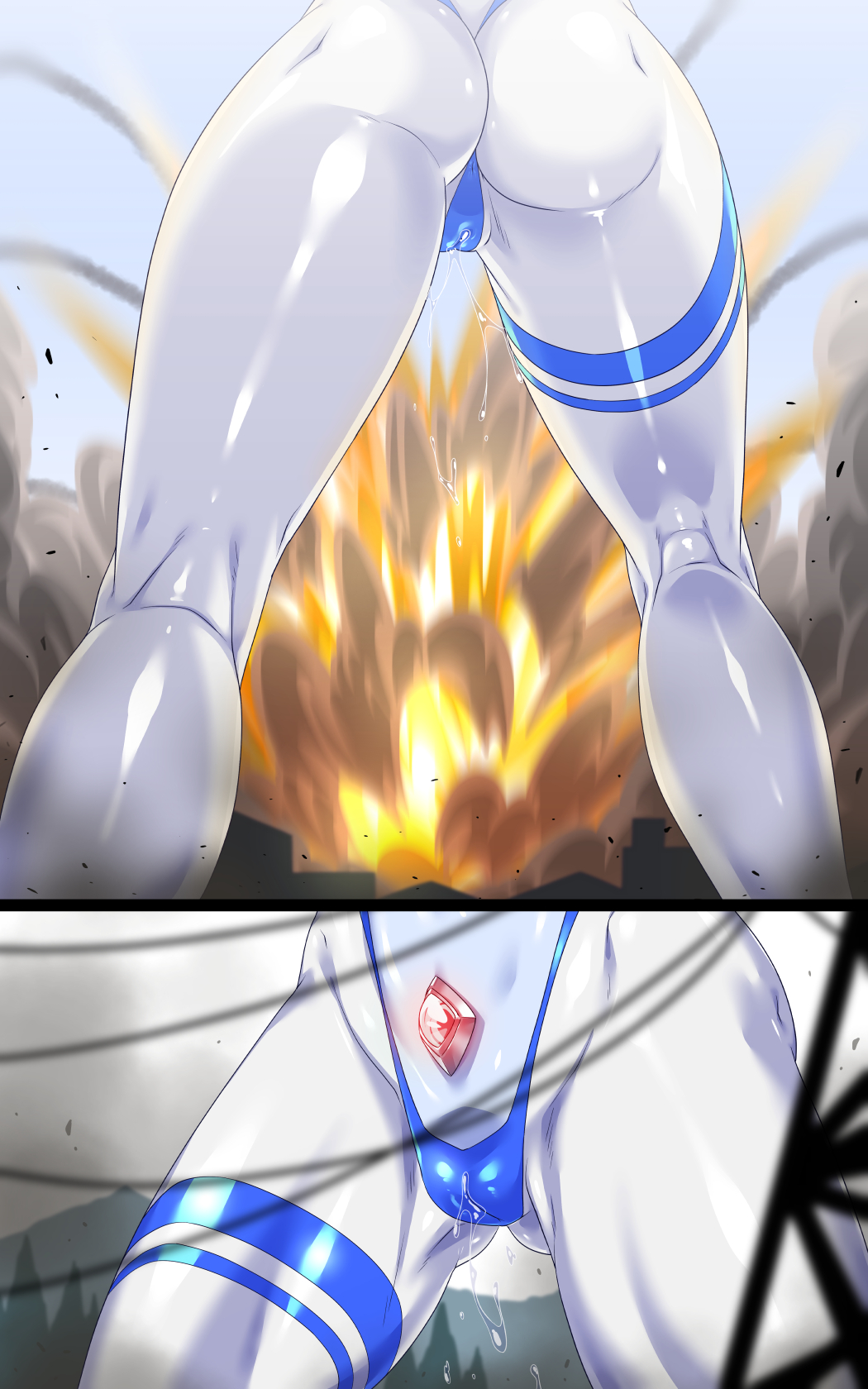 1female, 1girls, abdomen, alien, alien girl, alien humanoid, anus, ass, ass focus, ass visible through thighs, back view, between legs, between thighs, big ass, blue hair, blue sky, bomb, breasts, city, comic, comic page, curvy, curvy body, curvy female, daytime, explosion, explosives, female, female only, finger gun, forced orgasm, giant female, giant monster, giantess, glowing, glowing eyes, humanoid, kaiju, lactating, lactating nipples, lactation, mimizu (tokagex), monster, mountain, navel, nipples, no clothes, no clothing, oc, orgasm, orgasm without stimulation, original, original character, patterns, pose, pussy, pussy focus, pussy juice, pussy juice drip, shiny skin, silver skin, sky, standing, superheroine, thick ass, thick thighs, thighhighs, thighs, ultima excel(mimizu), ultraman (franchise), viewed from below, yellow eyes