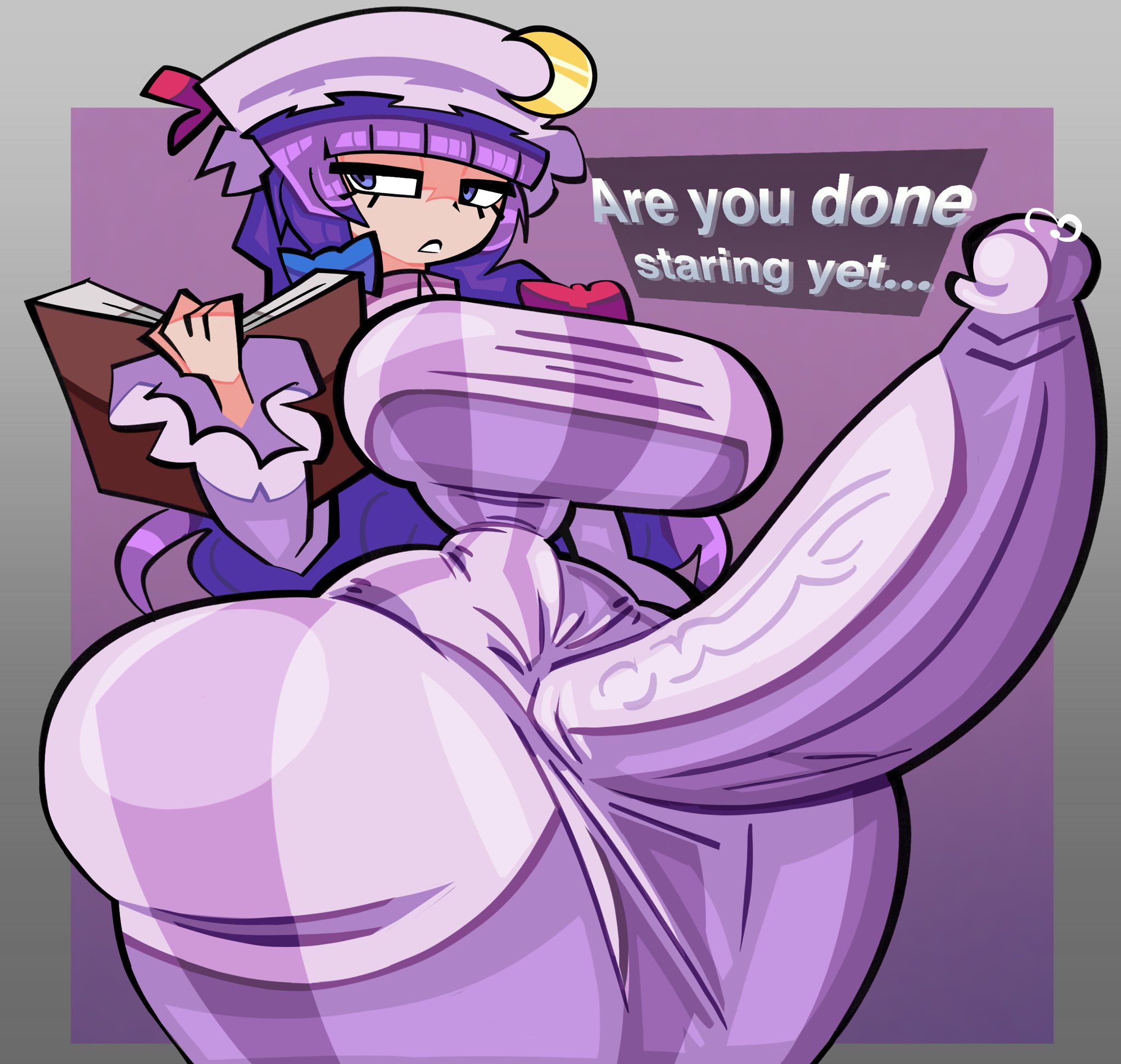 1futa, annoyed, breasts, casual erection, erection, erection under clothes, fully clothed, futanari, huge breasts, huge cock, huge thighs, intersex, lotplus, lottieplus, massive ass, patchouli knowledge, penis, precum, precum through clothing, solo, thick thighs, tiny waist, touhou