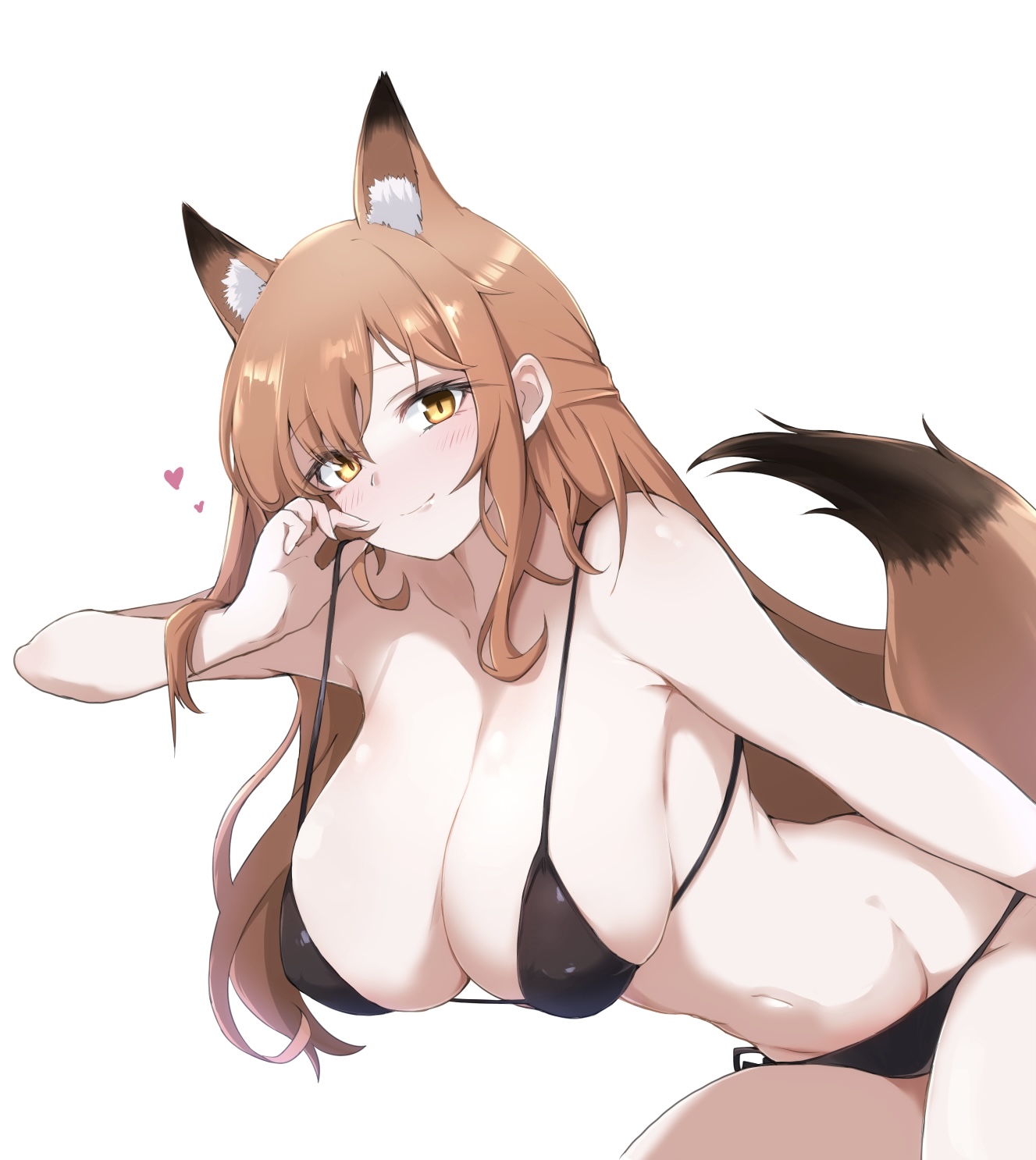 2d, 2d (artwork), animal ear fluff, animal ears, arknights, bent over, black bra, black panties, blush, bra, breasts, brown hair, brown tail, cleavage, closed mouth, clothed, commentary request, cowboy shot, female, female torso, fox ears, fox girl, fox tail, franka (arknights), hair between eyes, heart, heart symbol, heka=ton, highres, huge breasts, kemonomimi, light-skinned female, long hair, looking at viewer, midriff, navel, panties, simple background, smile, solo, standing, stomach, tail, underwear, underwear only, white background, yellow eyes