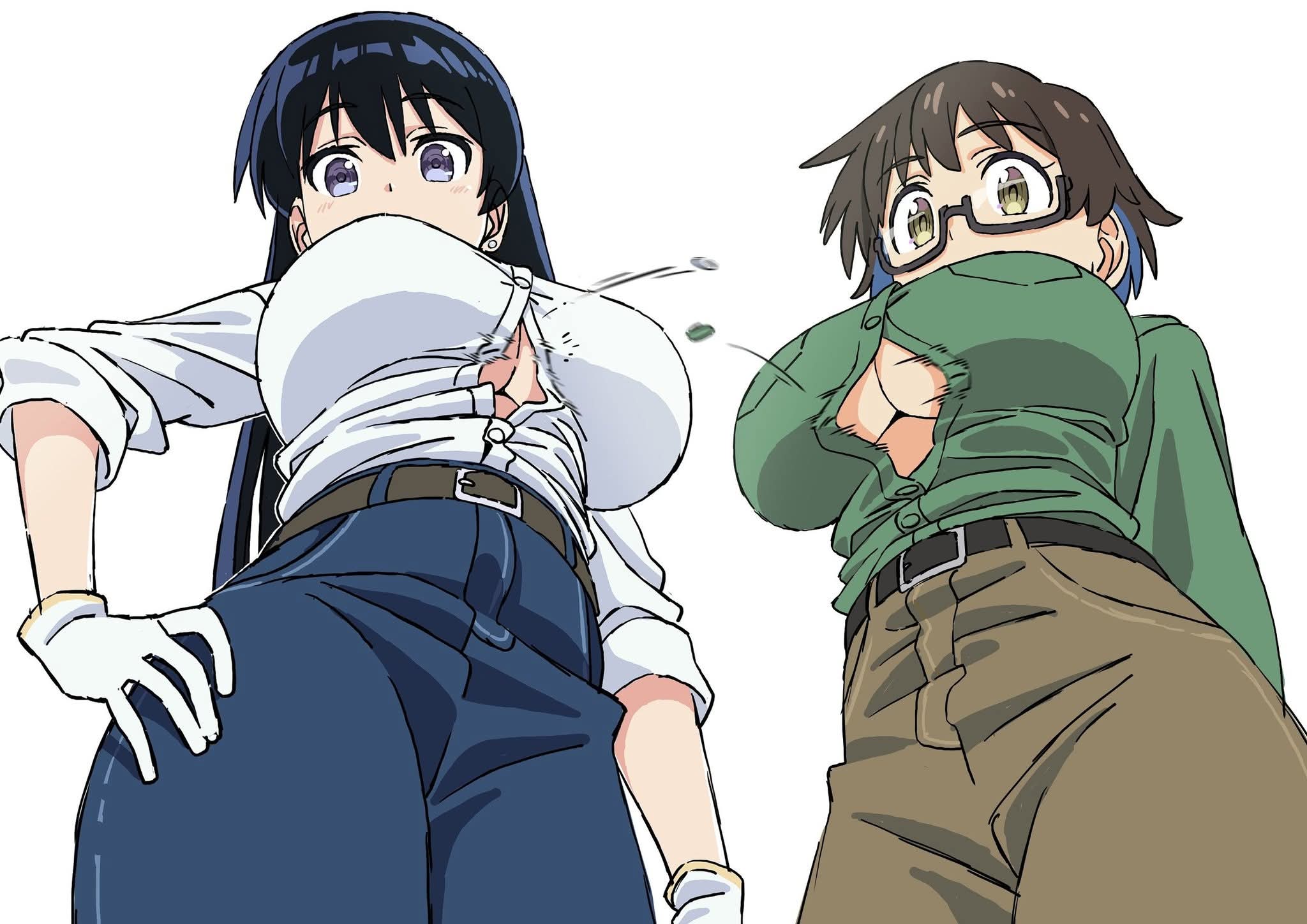 2girls, arato nagi, barely contained, barely contained breasts, barely fits, belt, big breasts, black hair, breasts, breasts too big, brown hair, bursting breasts, button down shirt, button pop, button popping, buttons, buttons popping, female, from below, glasses, green shirt, hand on hip, imari youko, inconvenient boobs, inconvenient breasts, jeans, large breasts, looking at own breasts, looking at viewer, looking down, looking down at breasts, looking down at self, looking over breasts, mugi0913, pants, popped button, ruri no houseki, shirt, strained buttons, straining buttons, tagme, tight fit, too tight, underboob, undersized clothes, undersized clothing, wardrobe malfunction, white gloves, white shirt