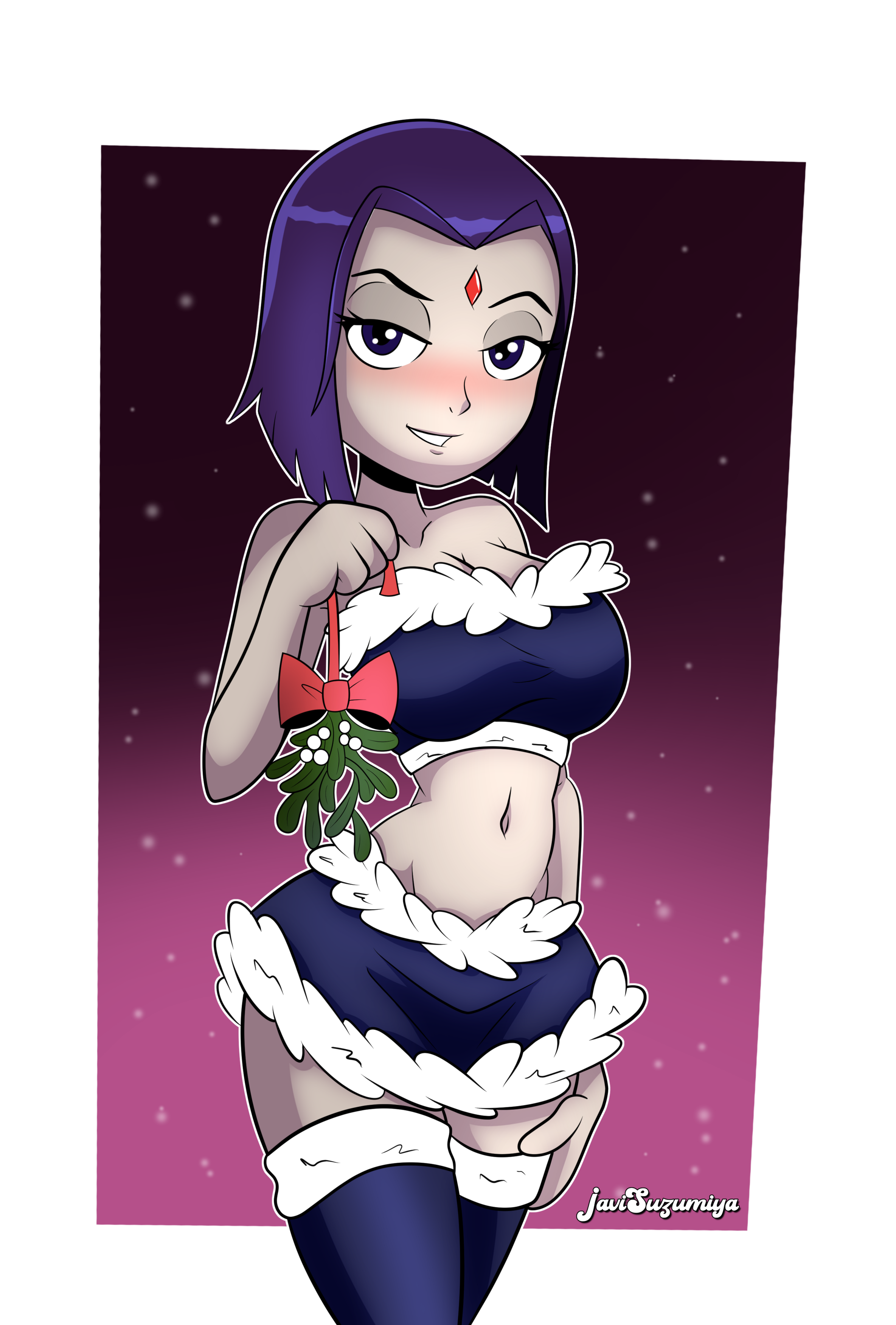 big breasts, black background, blush, breasts, christmas outfit, clothing, female, forehead jewel, fur trim, fur trim (clothing), got0h, goth girl, gothic girl, gradient background, holding mistletoe, javisuzumiya, looking at viewer, midriff, mistletoe, navel, pink background, purple hair, raven (dc), short hair, smile, solo, teen titans, teen titans (television series), thighhighs