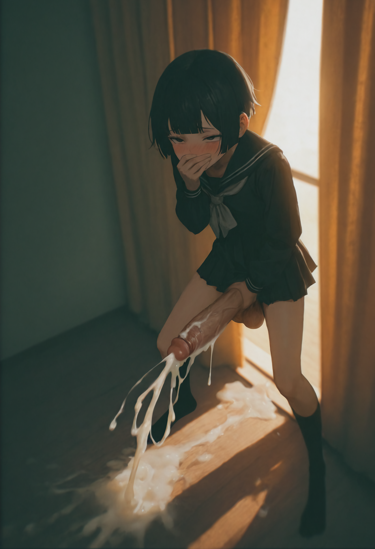 1futa, 1girls, after school, ai generated, anime girl, apartment, backlighting, balls, big testicles, black hair, black serafuku, black skirt, blunt bangs, blush, bob cut, bobcut, bowlegged pose, breasts, cum, cum dripping from penis, cum on floor, cum shot, curtains, devaster, dickgirl, ejaculation, erection, excessive cum, female, futa masturbation, futanari, half-closed eyes, handjob, huge cock, indoors, intersex, japanese female, long penis, long sleeves, masturbation, miniskirt, mouth covered, penis, room, school uniform, schoolgirl, serafuku, short hair, skinny legs, skirt, slim waist, small breasts, socks, solo focus, solo futa, standing, standing masturbation, sticky cum, teenage futa, testicles, veiny penis, window