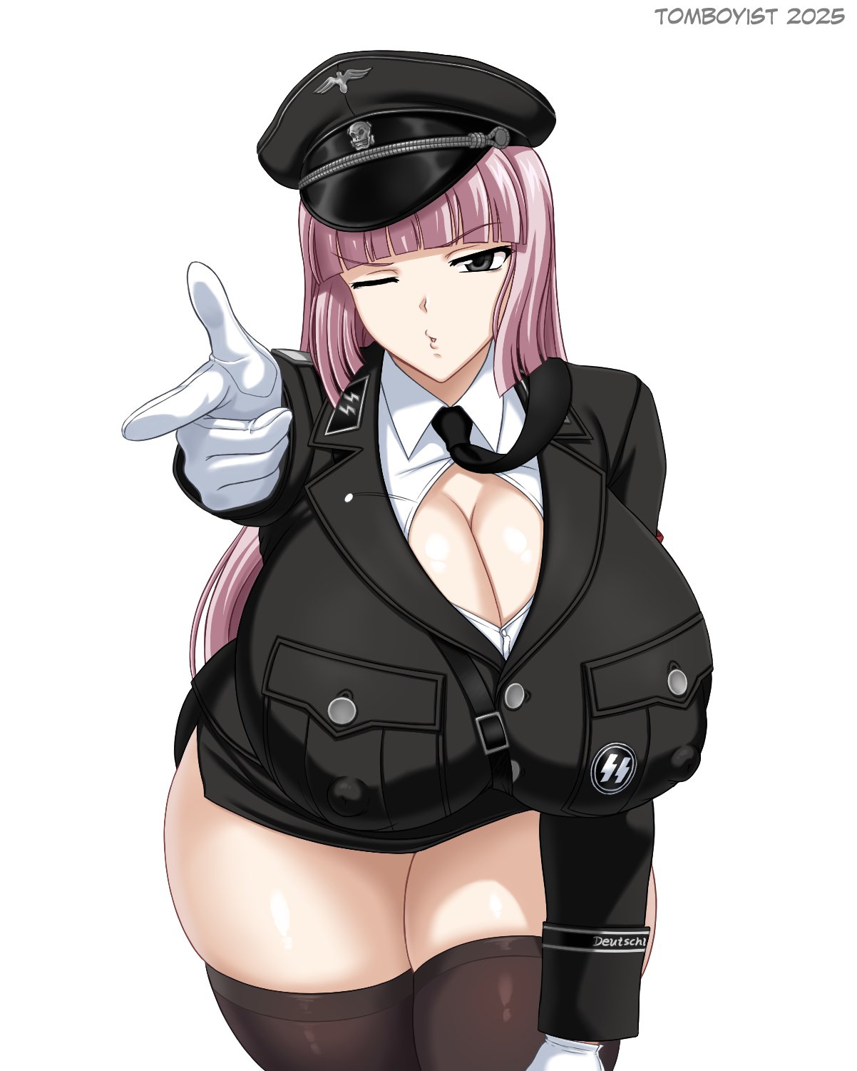 1girls, big breasts, bigger female, breasts, breasts bigger than head, bursting breasts, cleavage, fem ss officer, female, female only, finger gun, gloves, grey eyes, huge breasts, light skin, light-skinned female, long hair, mature, military uniform, nipple bulge, nipples visible through clothing, open shirt, original, original character, pink hair, solo, thick thighs, tomboyist, wardrobe malfunction