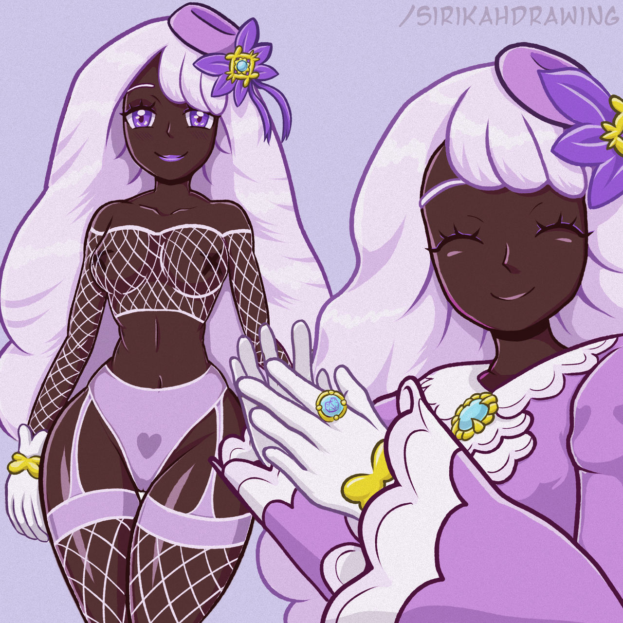 1girls, breasts, dark skin, dark-skinned female, female, jacinthe (pokemon), lingerie, net, net stockings, nintendo, nipples, nude, nude female, pink hair, pokemon, pokemon legends: z-a, stockings, tagme, yukari (pokemon)