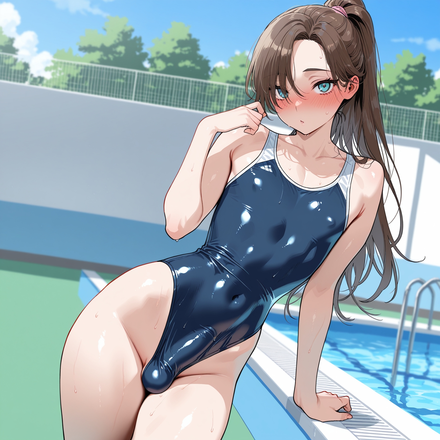 1boy, 1femboy, 2025, ai generated, alternate version available, aqua eyes, blue eyes, blush, borrowed character, brown hair, bulge, civitai, crossdressing, erect penis, erection under swimsuit, erection under swimwear, femboy, feminine male, girly, hair over one eye, highleg swimsuit, hourglass figure, kaoru (yasson yoshiyuki), long hair, looking at viewer, male, nipples, nipples visible through swimsuit, one-piece swimsuit, pectorals, penis, poolside, solo, someone else's oc, sweat, sweatdrop, swimsuit, swimwear, toshitoshiakiaki, trap