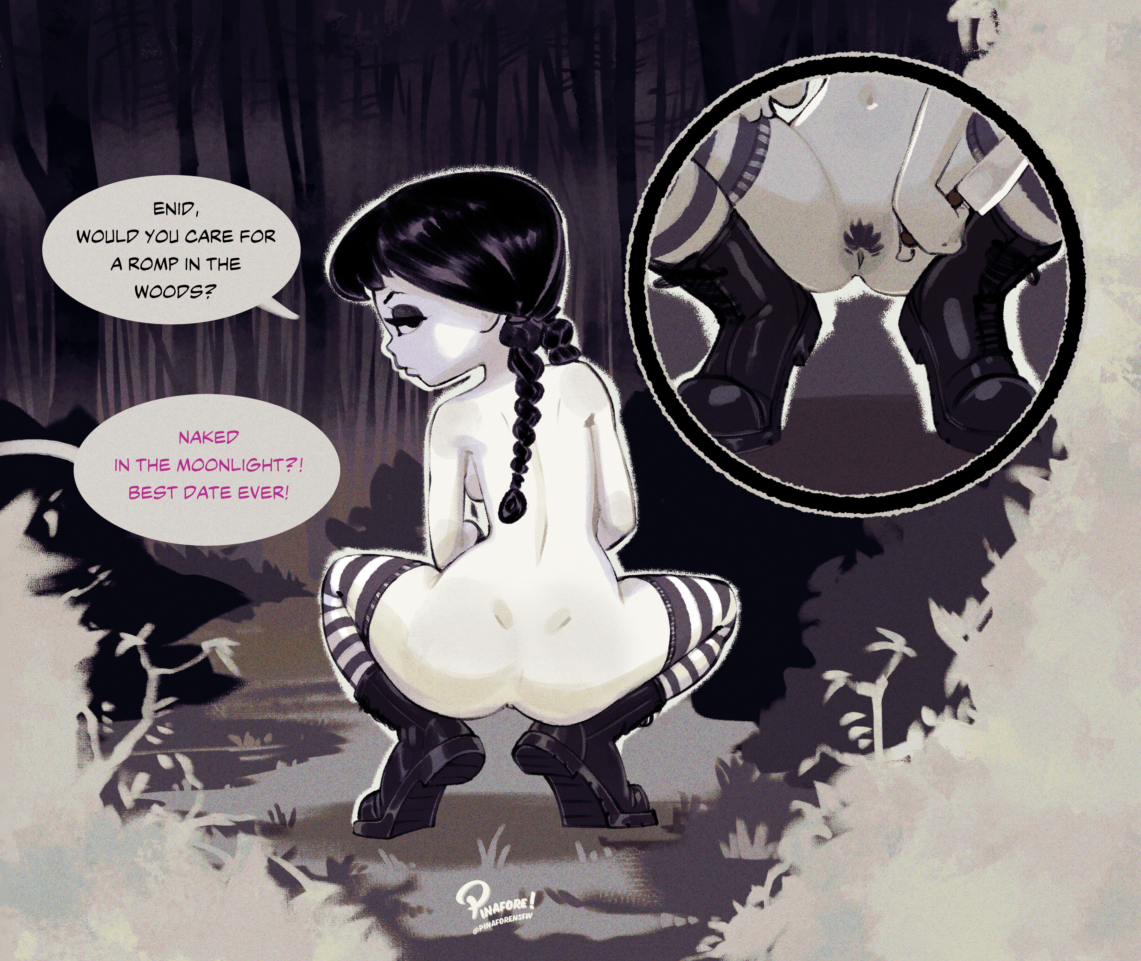 2d, female, female focus, female only, goth, goth girl, hourglass figure, naked footwear, pinafore (artist), pose, posing, squatting, tagme, the addams family, wednesday addams, wide hips