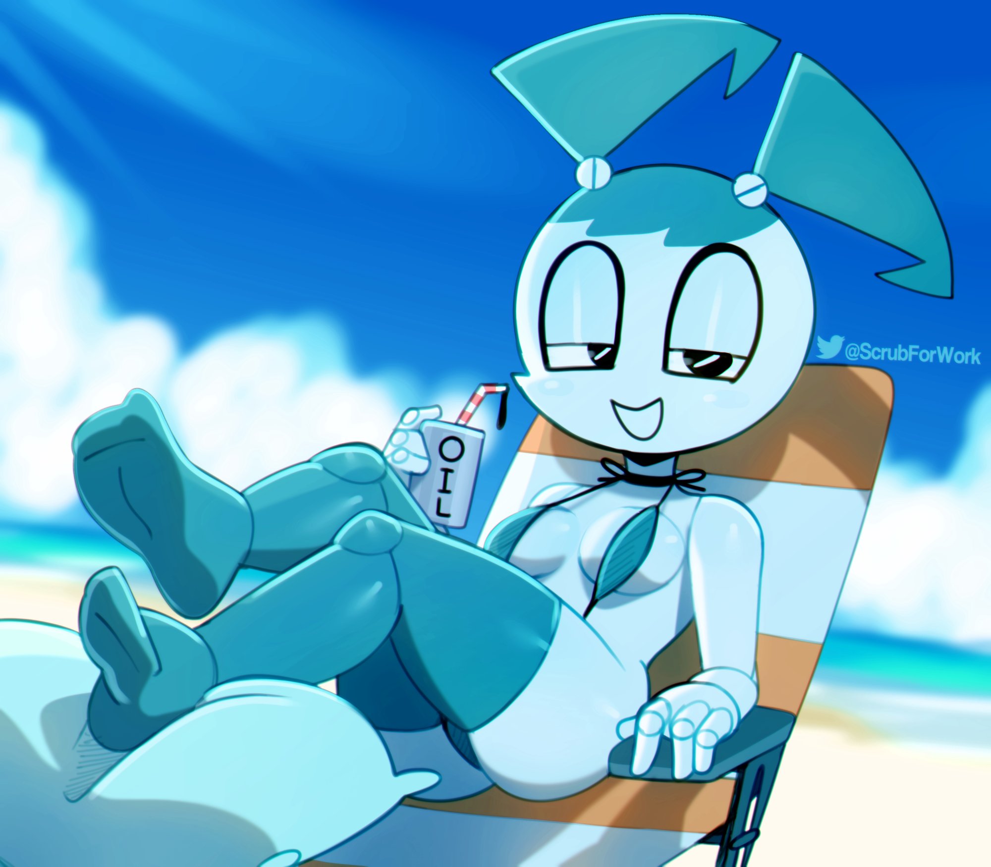 1girls, alternate breast size, beach, bedroom eyes, breasts, cleavage, feet, female, female only, jenny wakeman, looking at viewer, my life as a teenage robot, pillow, robot, sling bikini, smooth skin, socks, solo, somescrub, thong, thong bikini, xj-9