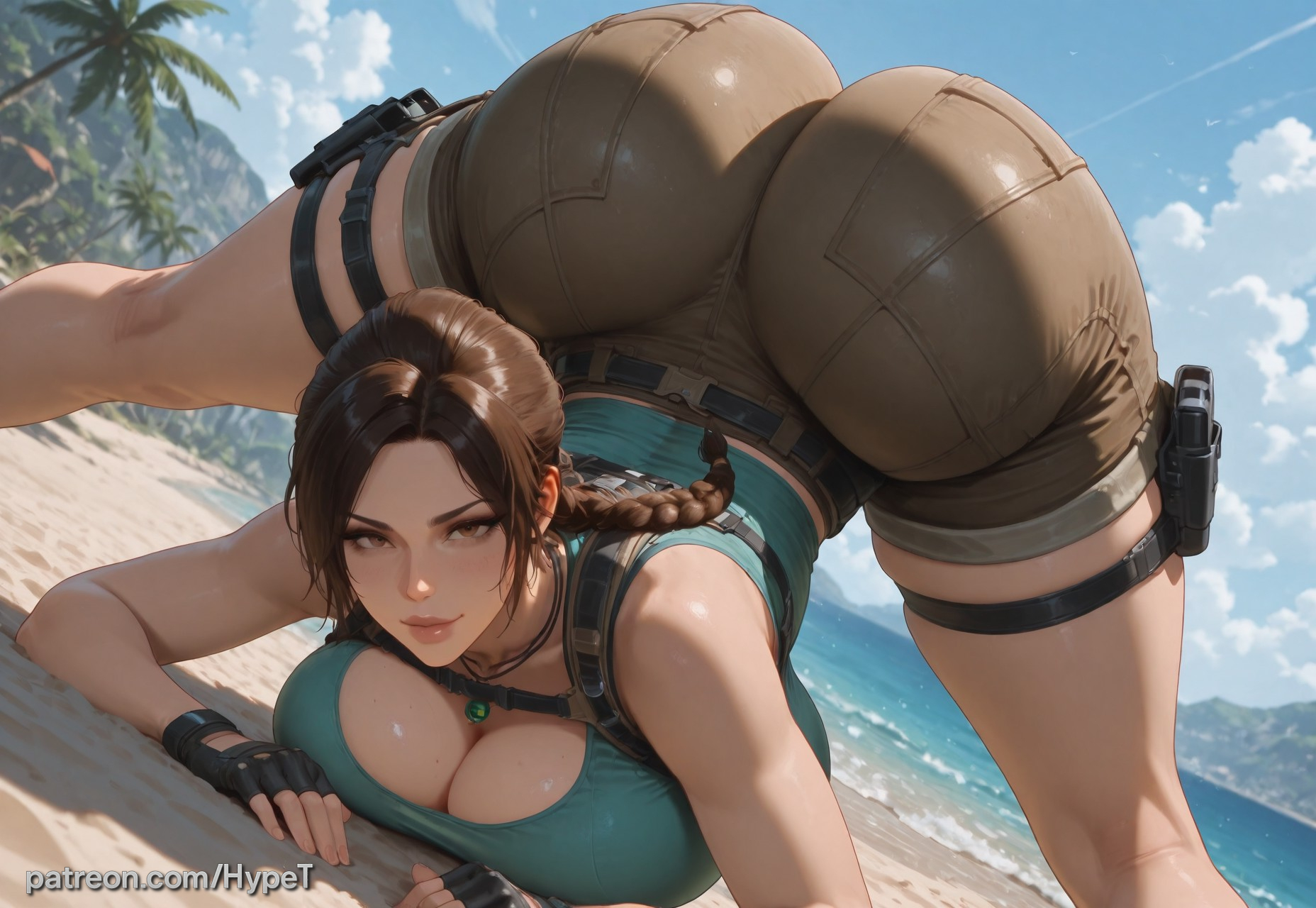 ai generated, alternate version at source, ass up, beach, big ass, big breasts, big butt, breasts, brown hair, female, female only, hips, hypet, jack-o pose, lara croft, lara croft (classic), lara croft (legacy of atlantis), shiny, shiny skin, shorts, steam, tagme, tank top, thick, thick ass, thick hips, thick legs, thick thighs, thighs, tomb raider, tomb raider legacy of atlantis, video game character, video games, wet, wet body, wide hips