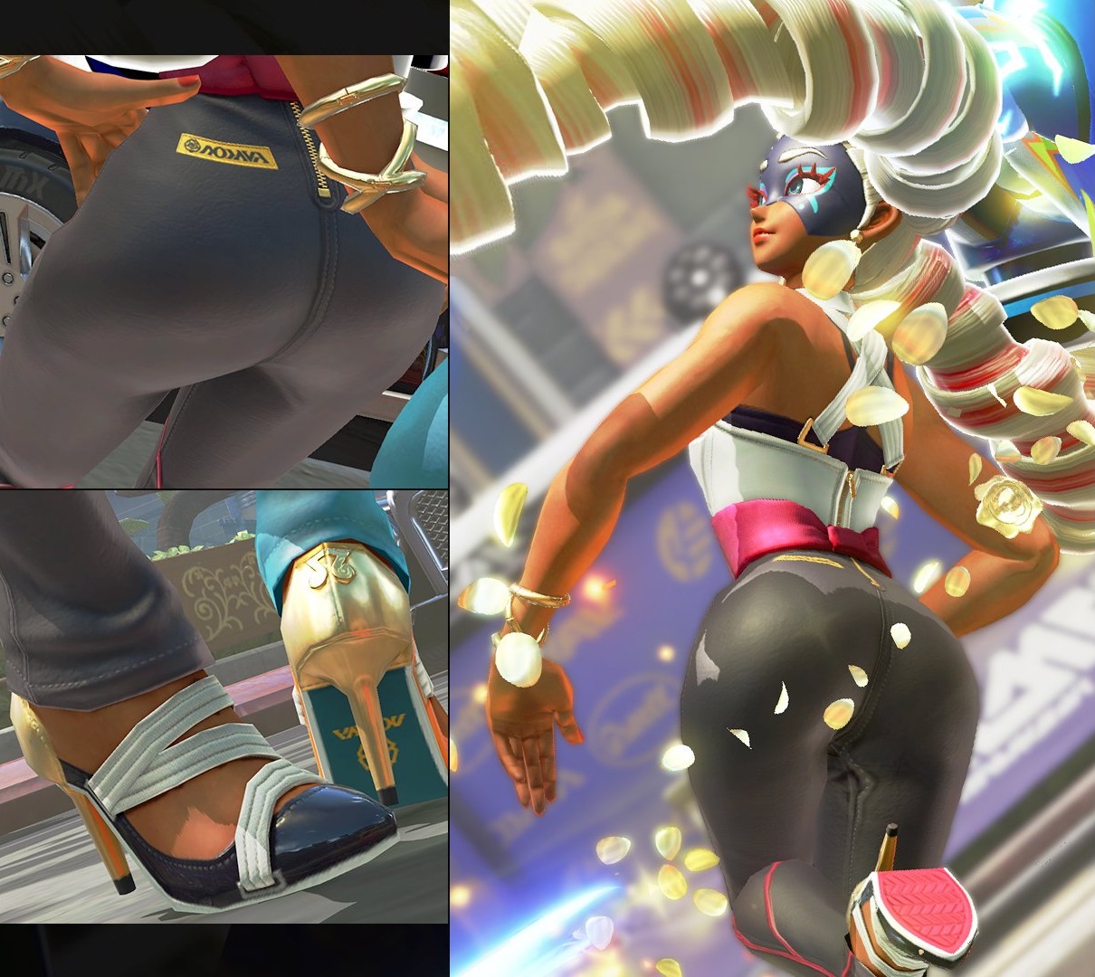 3d, arms (game), ass, close-up, dark skin, dark-skinned female, feet up, female, heels, high heels, looking to the side, mask, nail polish, panels, petals, solo, tan skin, tanned skin, twintails, twintelle, zipper