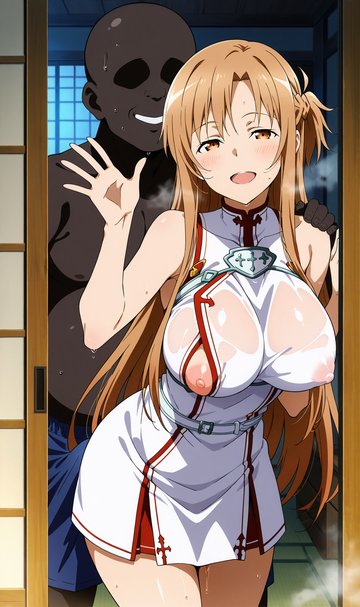 ai generated, breasts, breasts out, cuckold, cuckold pov, cuckolding, door, doorway, erection, erection under clothes, female, netorare, ntr, sword art online, tagme, yuuki asuna