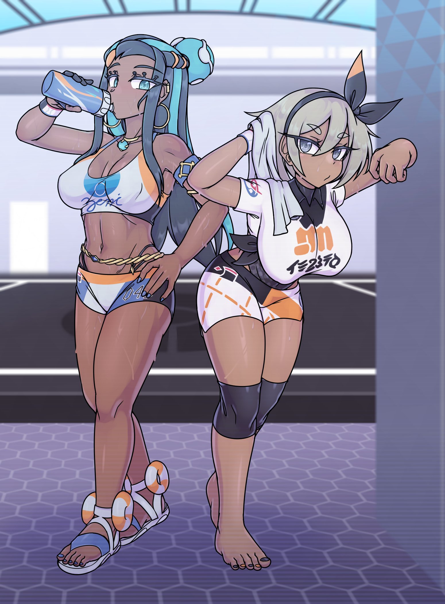 2girls, armlet, barefoot, bea (pokemon), belly chain, big breasts, black hair, blue eyes, bodysuit under clothes, breasts, chain-link fence, dark skin, dark-skinned female, earrings, female, game freak, gloves, grey hair, gym leader, hair bun, hairband, hoop earrings, jewelry, knee pads, long hair, looking at viewer, multicolored hair, multiple females, multiple girls, navel, necklace, nessa (pokemon), nintendo, open toe footwear, open toe shoes, pokemon, pokemon ss, sandals, scuttlefish, short hair, short sleeves, shorts, single glove, standing, swimsuit, thick thighs, toes, two-tone hair