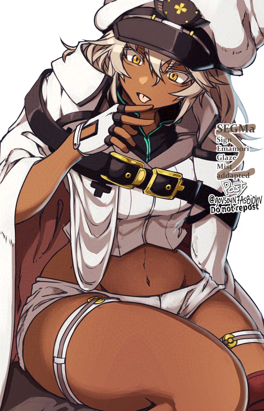 1girls, belt, blonde hair, breasts, cape, cloak, dark skin, dark-skinned female, female, gloves, guilty gear, hat, long hair, looking at viewer, navel, peaked cap, platinum blonde hair, ramlethal valentine, short shorts, shorts, sitting, solo, thick thighs, thigh strap, thighs, white shorts, yellow eyes