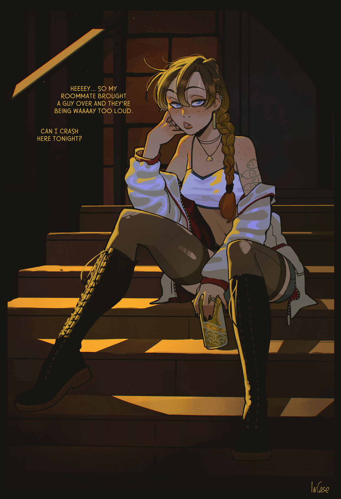 1girls, beer can, blue eyes, braid, breasts, brown hair, crop top, english text, female, freckles, incase, knee boots, long hair, looking at viewer, off shoulder, open jacket, perky breasts, petite, shorts, sitting, sitting on stairs, small breasts, solo, stairs, text, thighhighs