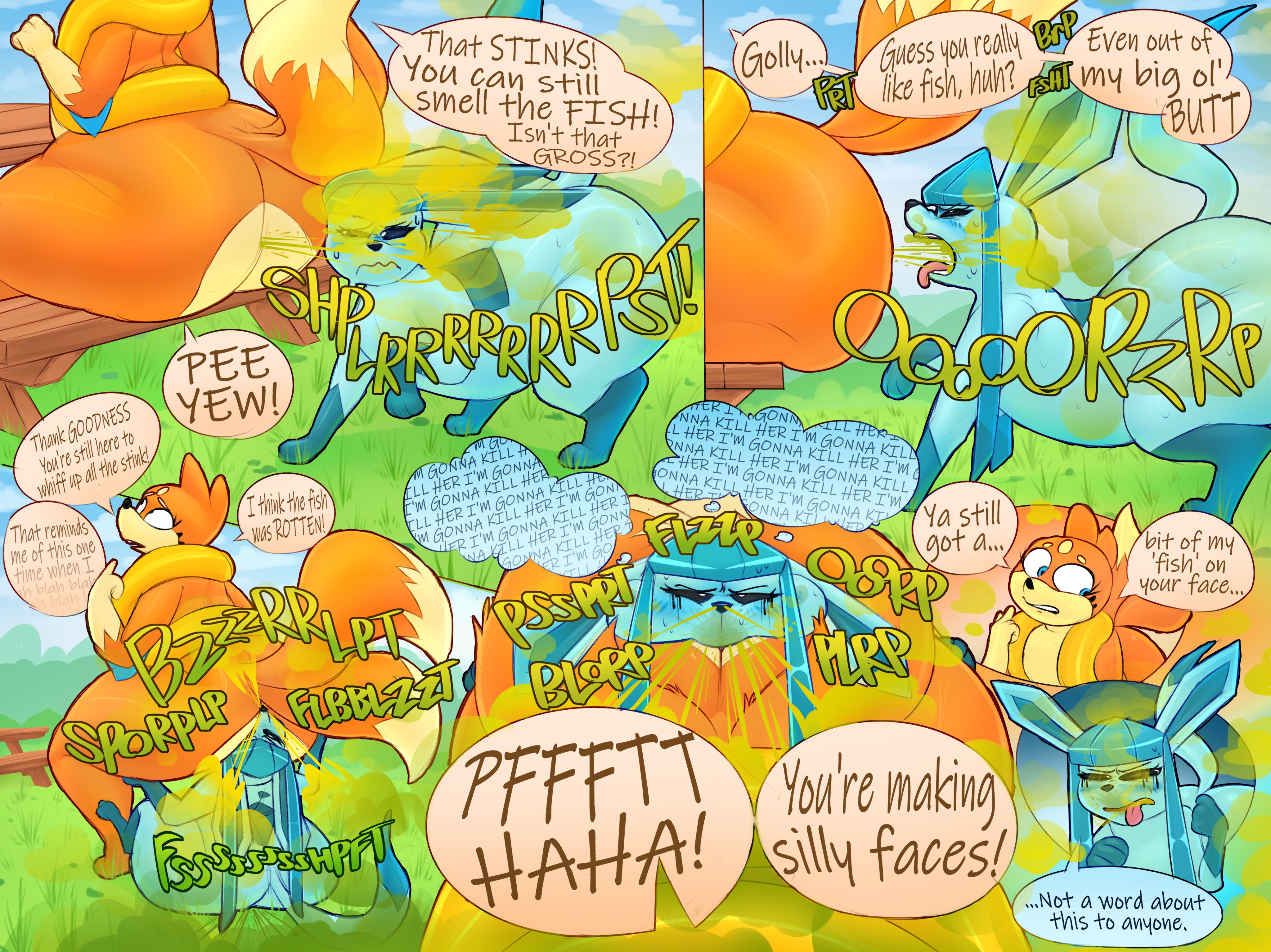 ass, big ass, big butt, comic, english text, face in ass, facesitting, fart, fart cloud, fart fetish, farting, farting in mouth, farting on face, fat ass, female, female fart, female furry, female only, female/female, floatzel, furry, furry female, furry only, glaceon, green fart cloud, holding up, huge ass, huge butt, iamapoliceman, living chair, naked, nintendo, no sex, nonhuman, nude, onomatopoeia, pokemon, pokemon (species), quadruped, shelby (simplifypm), speech bubble, swallowing fart, tagme, tail, talking to another, text, wide hips