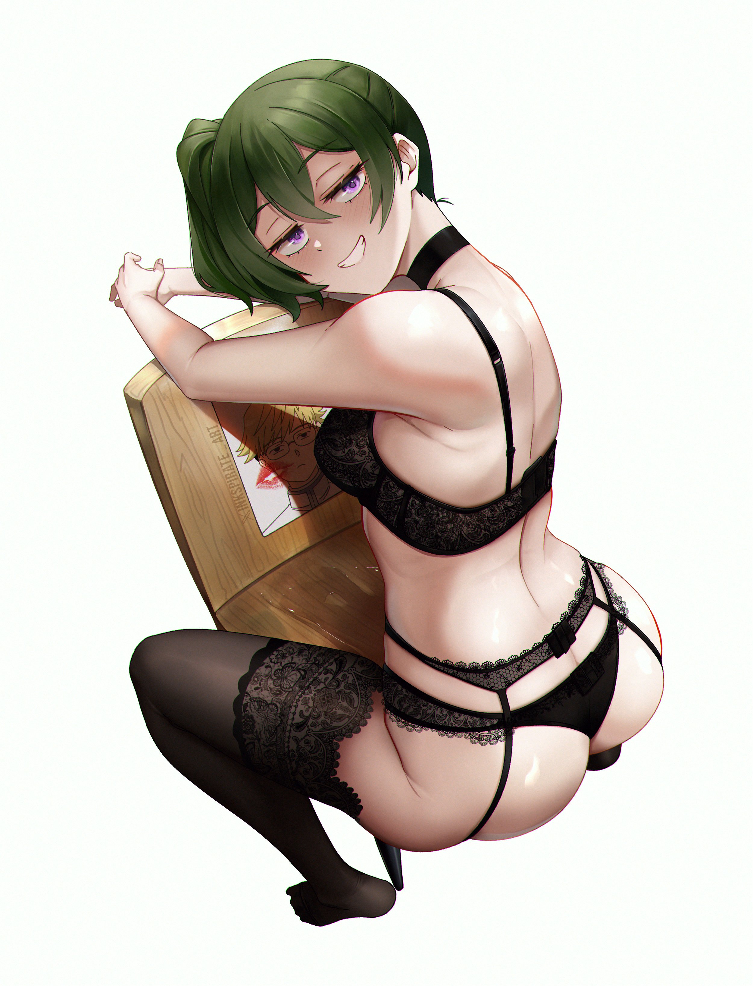 absurdres, artist name, ass, black choker, black thighhighs, bra, breasts, chair, choker, clenched teeth, eyelashes, female, full body, garter belt, green hair, grin, highres, inkspirate, jitome, lace, lace thighhighs, lingerie, lipstick mark, looking at viewer, naughty face, no shoes, see-through clothes, see-through legwear, side ponytail, simple background, sitting, skindentation, smile, solo, sousou no frieren, teeth, thighhighs, thighs, twitter x logo, ubel (sousou no frieren), underwear, white background, wooden chair