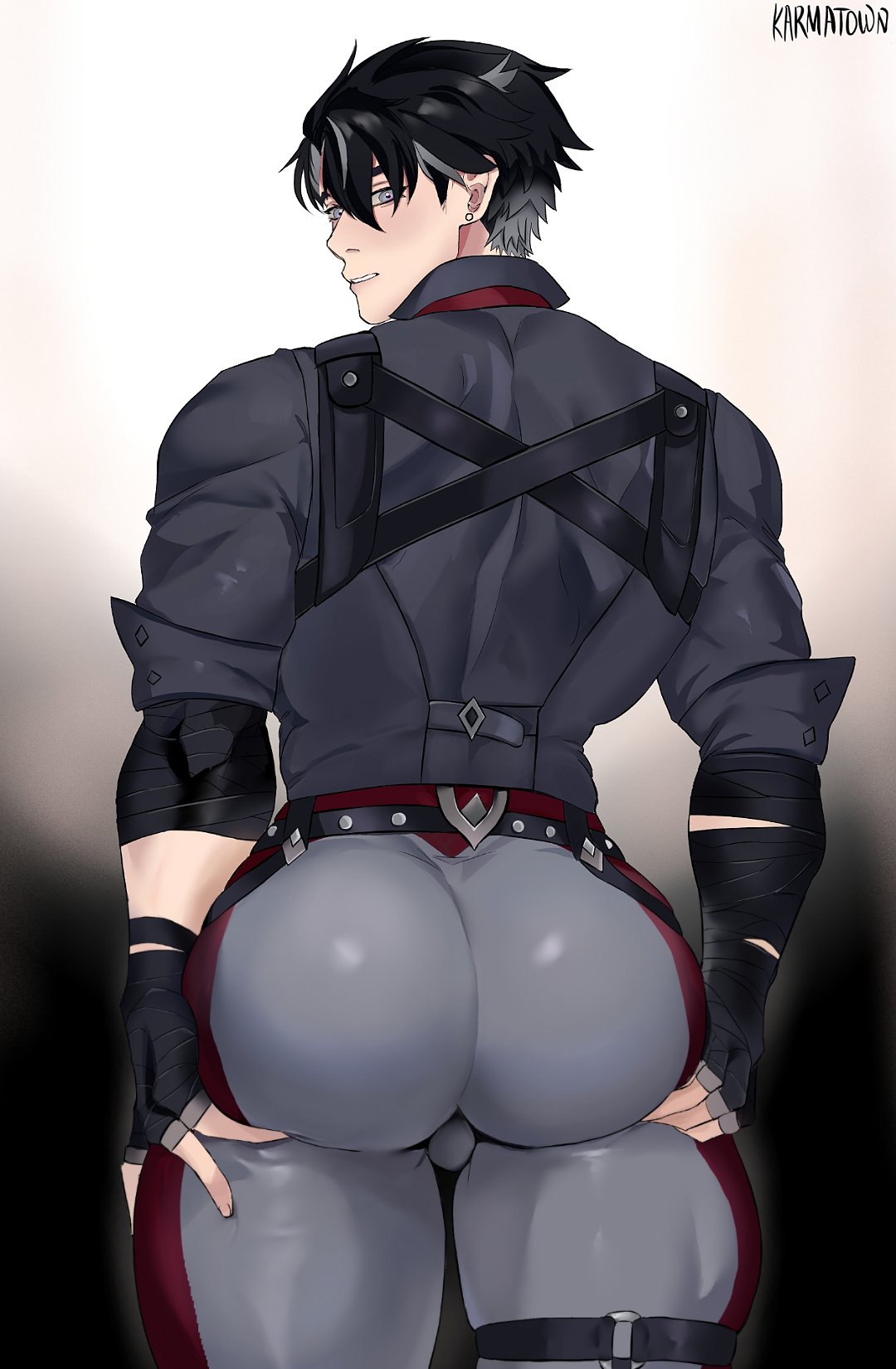 1boy, artist name, ass, bara, clothed, clothing, fat ass, gay, genshin impact, juicy ass, karmatown, looking back, male, male focus, male only, muscular, muscular male, presenting ass, solo, solo male, text, thick body, thick butt, thighs, tight clothing, voluptuous male, wanting sex, wriothesley (genshin impact), yaoi