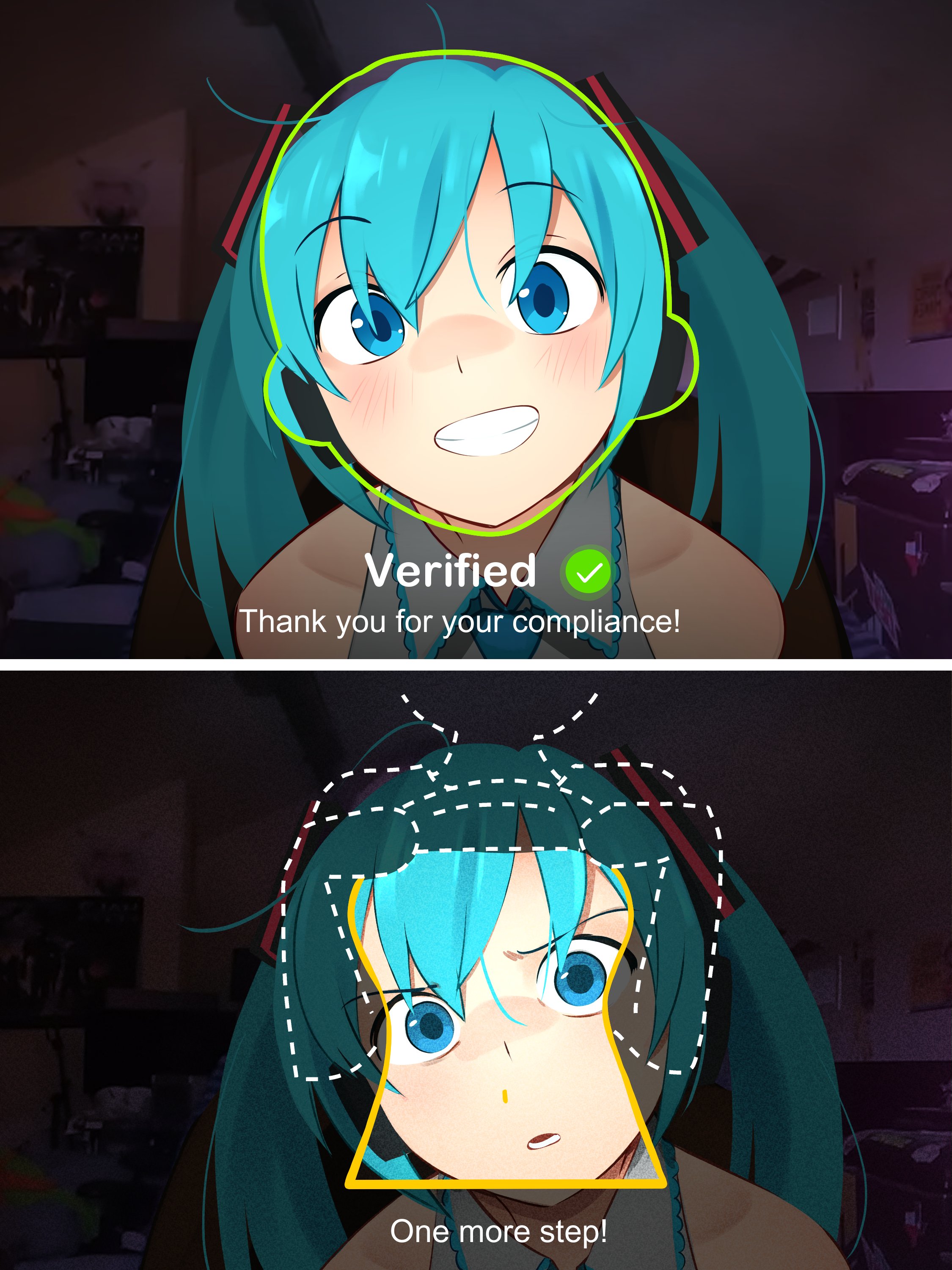 1girls, biometric verification, blue eyes, blue hair, boob verification meme, breasts, color, confused, english text, female, female focus, female only, fully clothed, hair ornament, hatsune miku, imminent undressing, khyleri, long hair, looking at viewer, meme, smile, text, twintails, twitter link, vocaloid