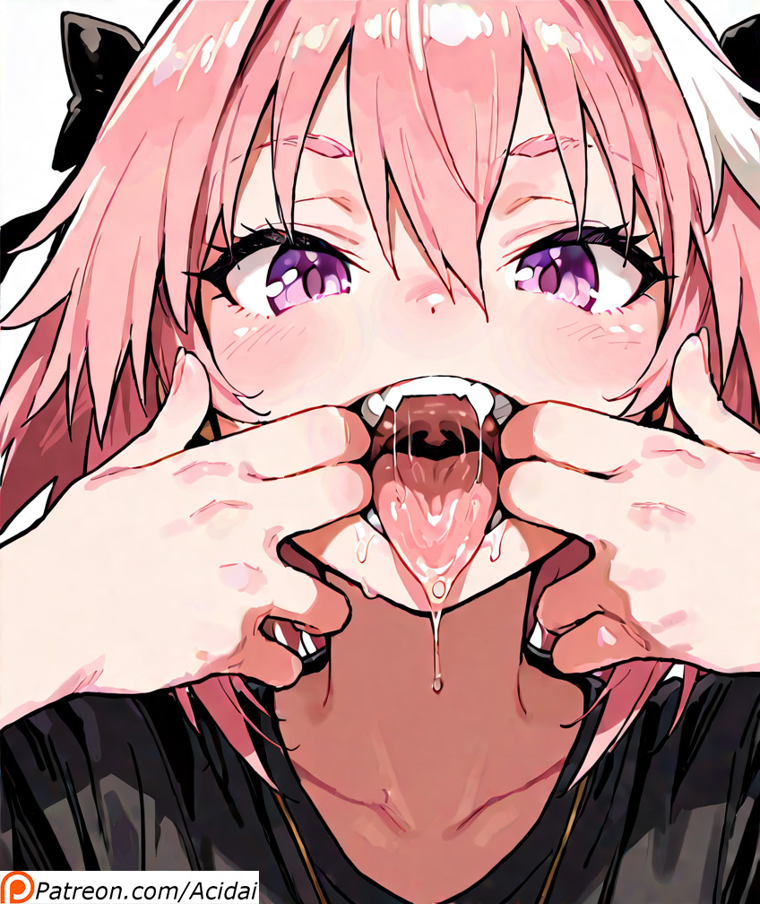1femboy, acidai, ai generated, astolfo, astolfo (fate), femboy, male, open mouth, saliva, stretching mouth, tongue