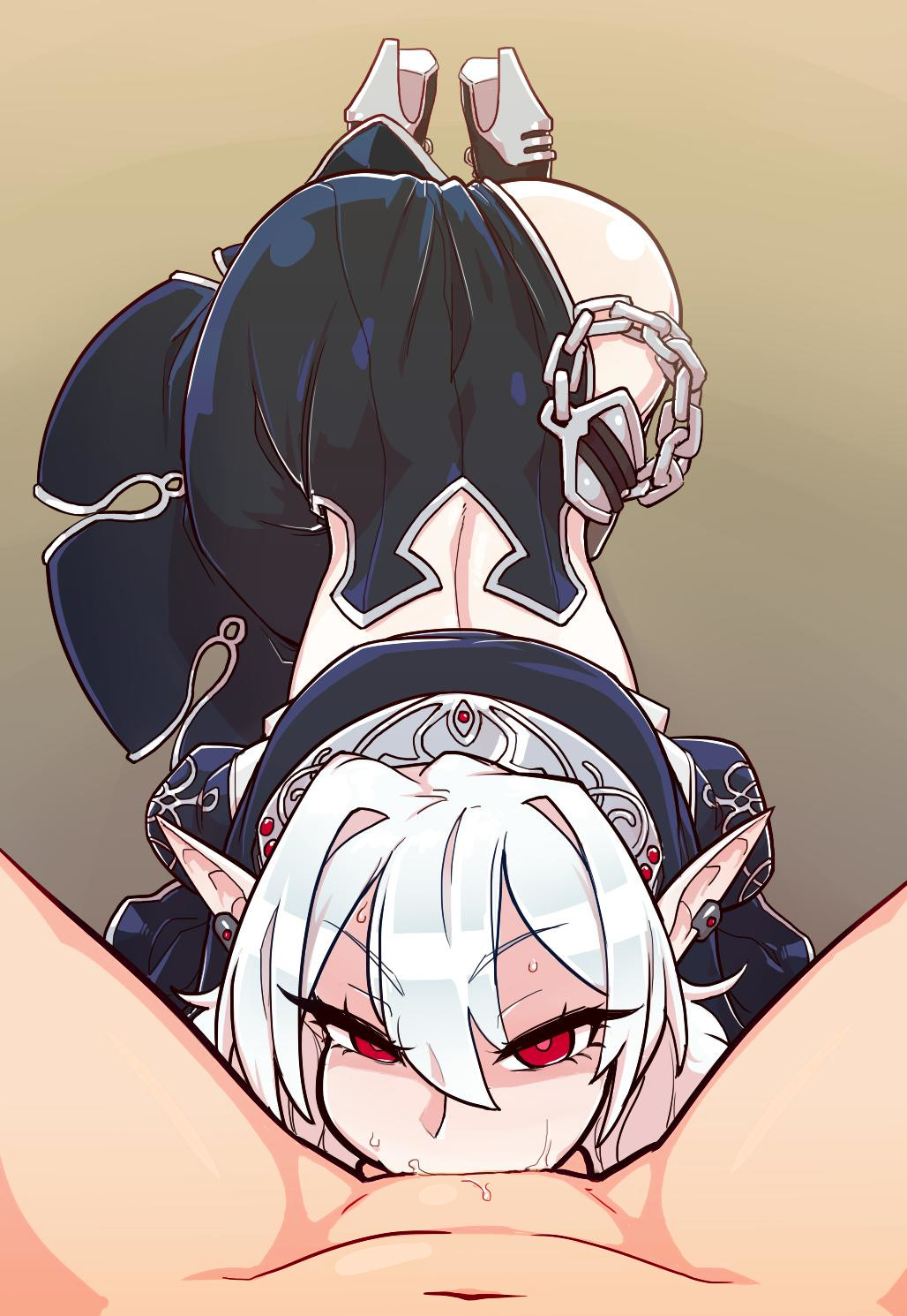 1boy, all the way to the base, ass, balls, deepthroat, elf, fantasy race, fellatio, female, high heels, highres, large ass, looking at viewer, male, non-web source, pierced ears, pointy ears, red eyes, short hair, skin edit, skin edit (male), sweat, testicles, thetenk, white hair, wide hips